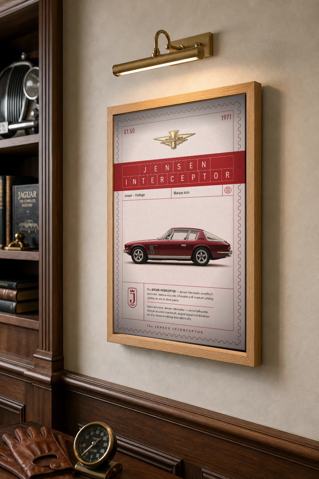 Jensen Interceptor Poster — 1971 grand tourer wall art · framed A2 · garage decor — the framed print shown at a three-quarter angle on a styled gallery wall in a natural-oak frame