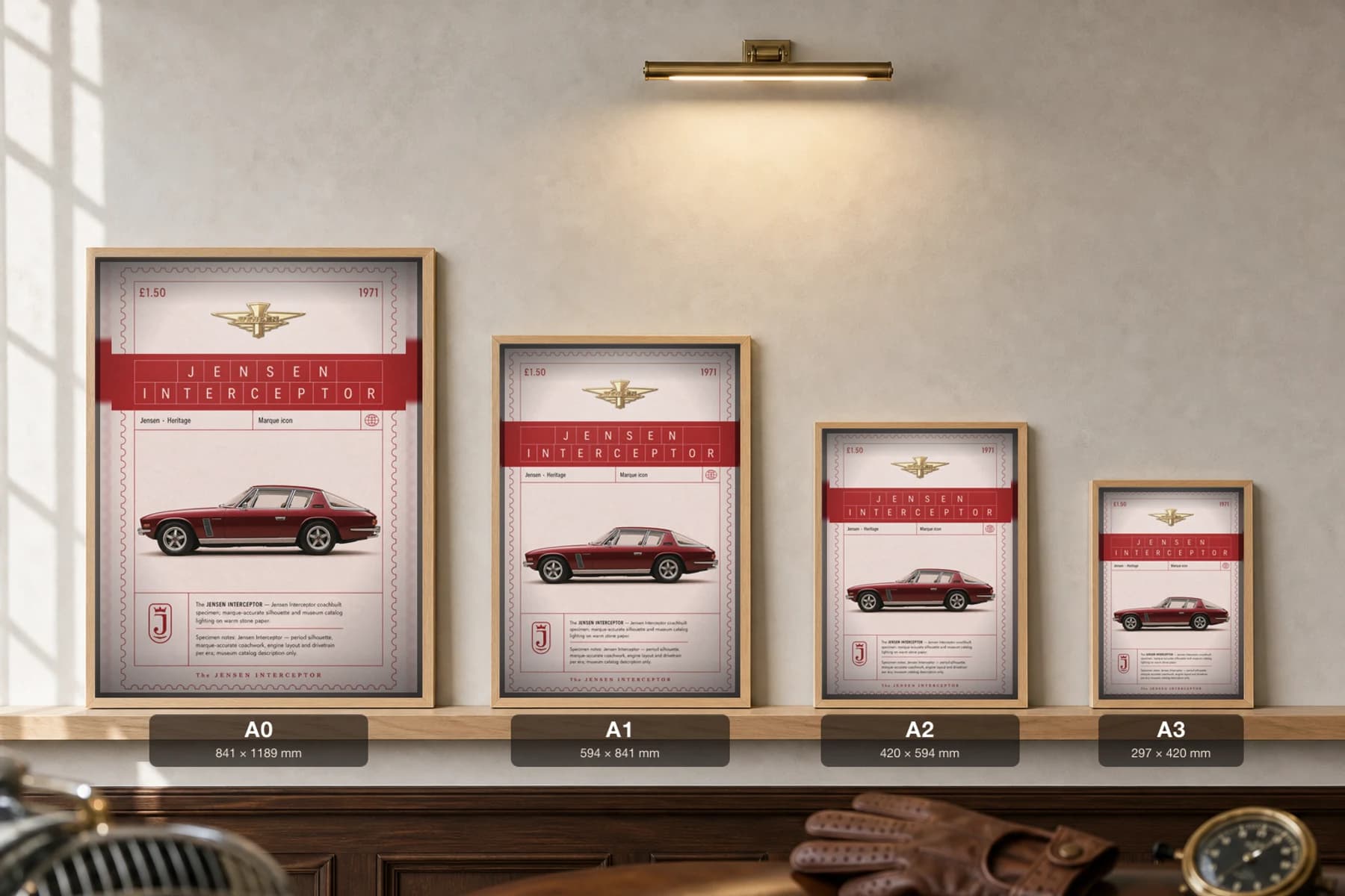 Jensen Interceptor Poster — 1971 grand tourer wall art · framed A2 · garage decor — print size guide showing the artwork at A0, A1, A2 and A3 in natural-oak frames at true relative scale