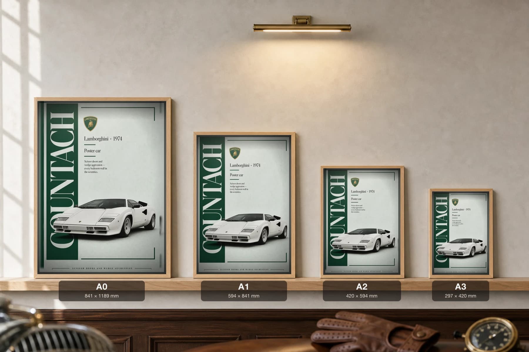 Lamborghini Countach LP400 Poster — 1974 supercar wall art · framed A2 · garage decor — print size guide showing the artwork at A0, A1, A2 and A3 in natural-oak frames at true relative scale