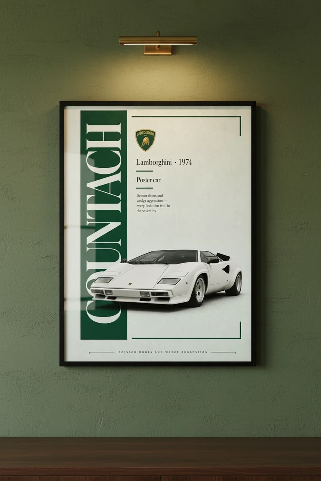 Countach LP400 poster in black A2 frame on forest-green-sidebar lime-wash wall — Heritage Icons collector lounge mockup