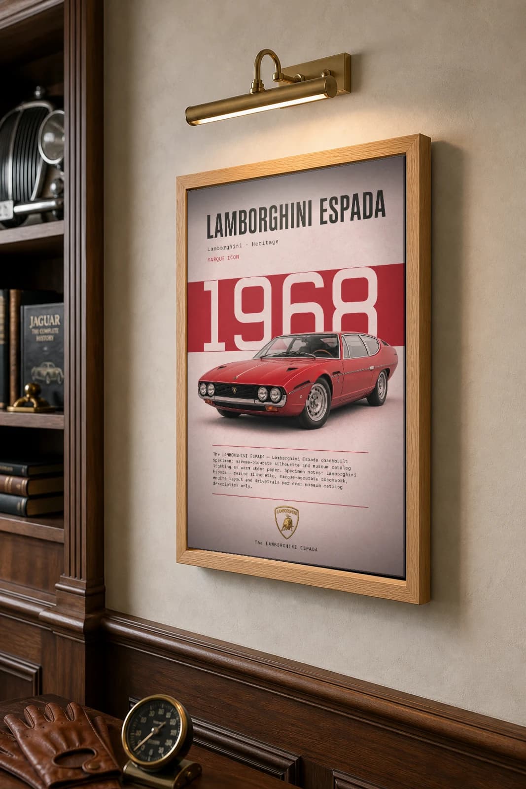 Lamborghini Espada Poster — 1968 grand tourer wall art · framed A2 · garage decor — the framed print shown at a three-quarter angle on a styled gallery wall in a natural-oak frame
