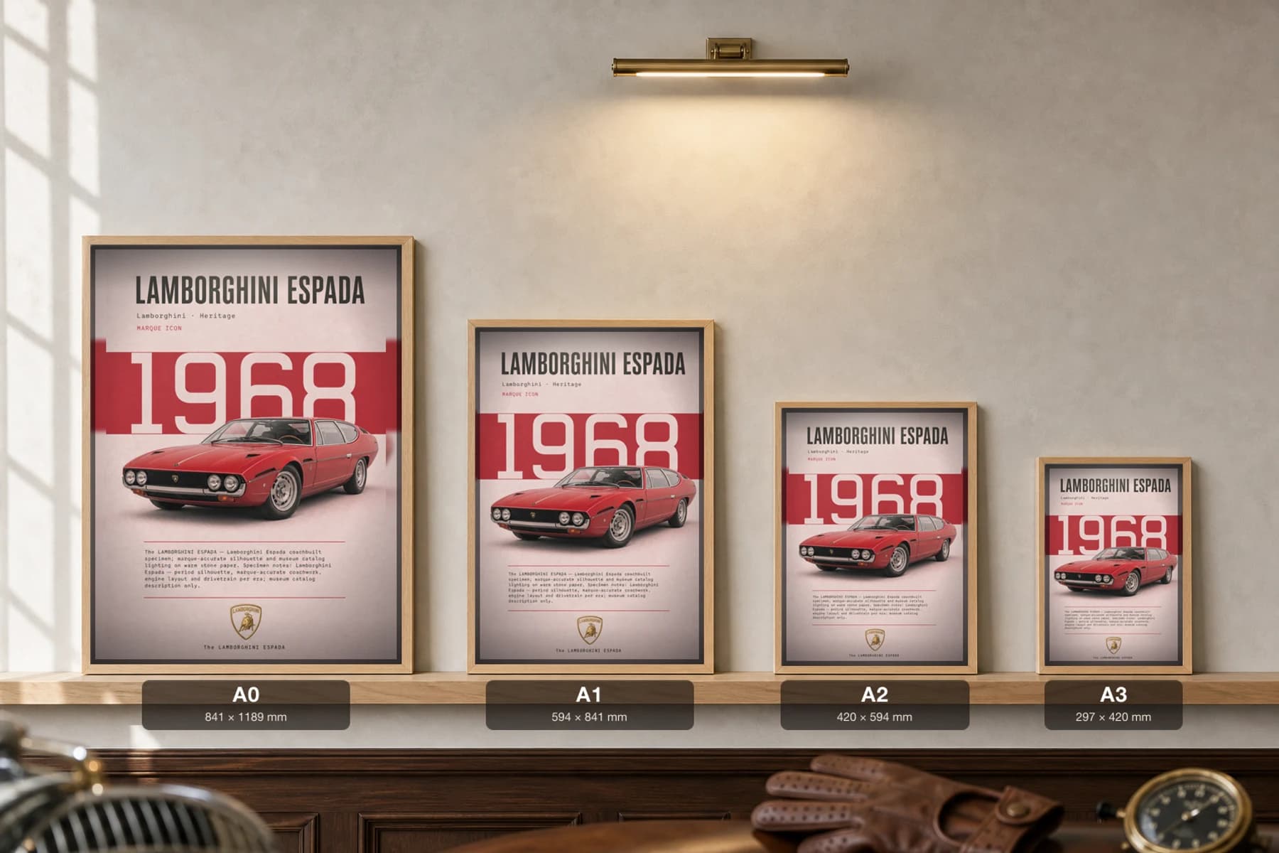 Lamborghini Espada Poster — 1968 grand tourer wall art · framed A2 · garage decor — print size guide showing the artwork at A0, A1, A2 and A3 in natural-oak frames at true relative scale