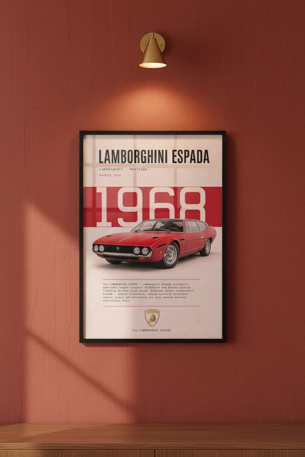 Espada poster in black A2 frame on rosso-red lime-wash wall — Heritage Icons collector lounge mockup
