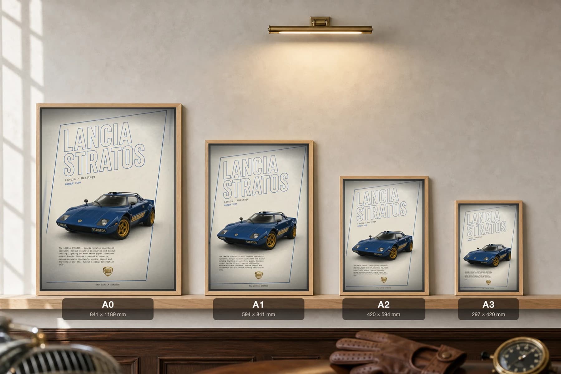 Lancia Stratos HF Poster — 1974 rally car wall art · framed A2 · garage decor — print size guide showing the artwork at A0, A1, A2 and A3 in natural-oak frames at true relative scale