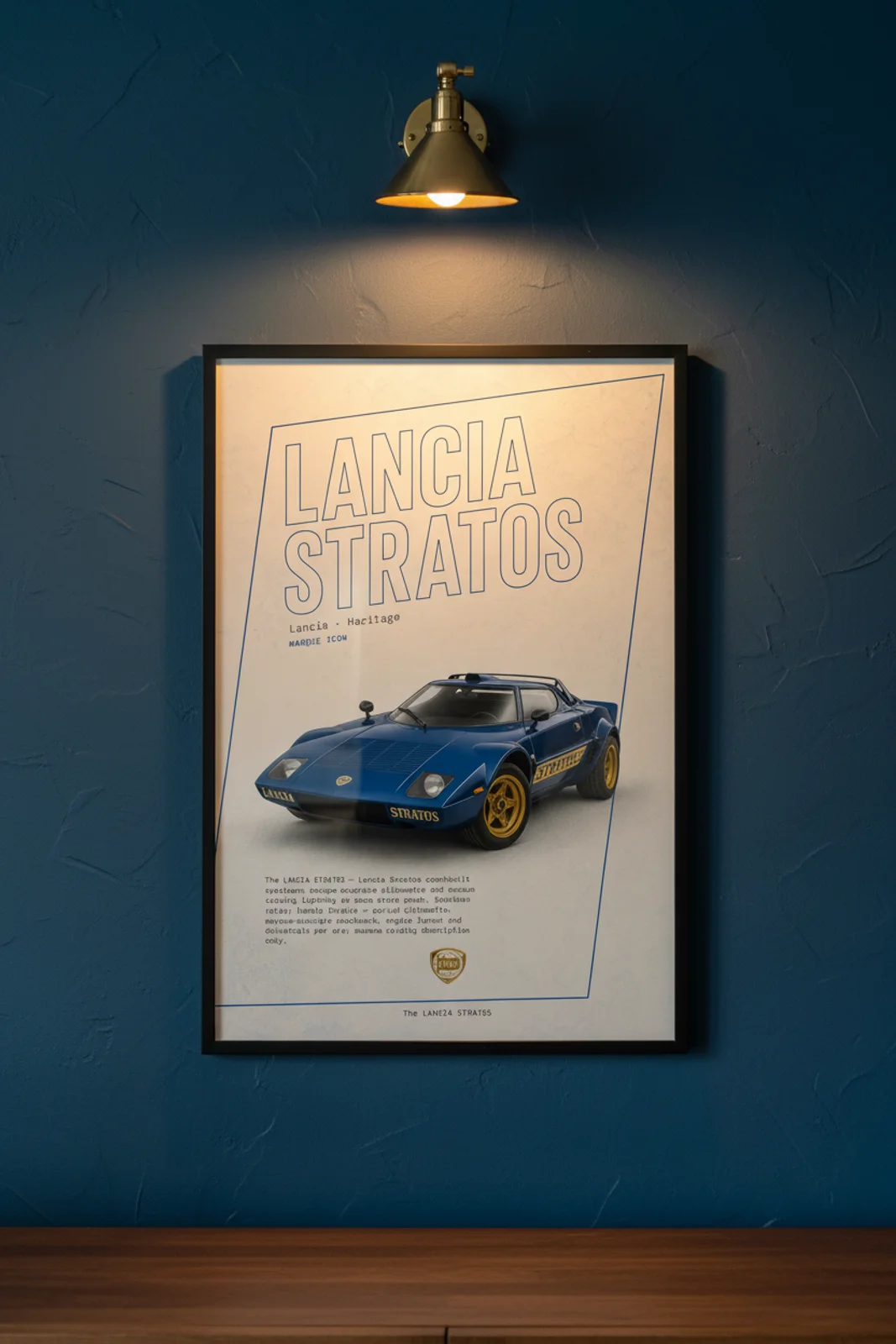Stratos HF poster in black A2 frame on rally-blue lime-wash wall — Heritage Icons collector lounge mockup