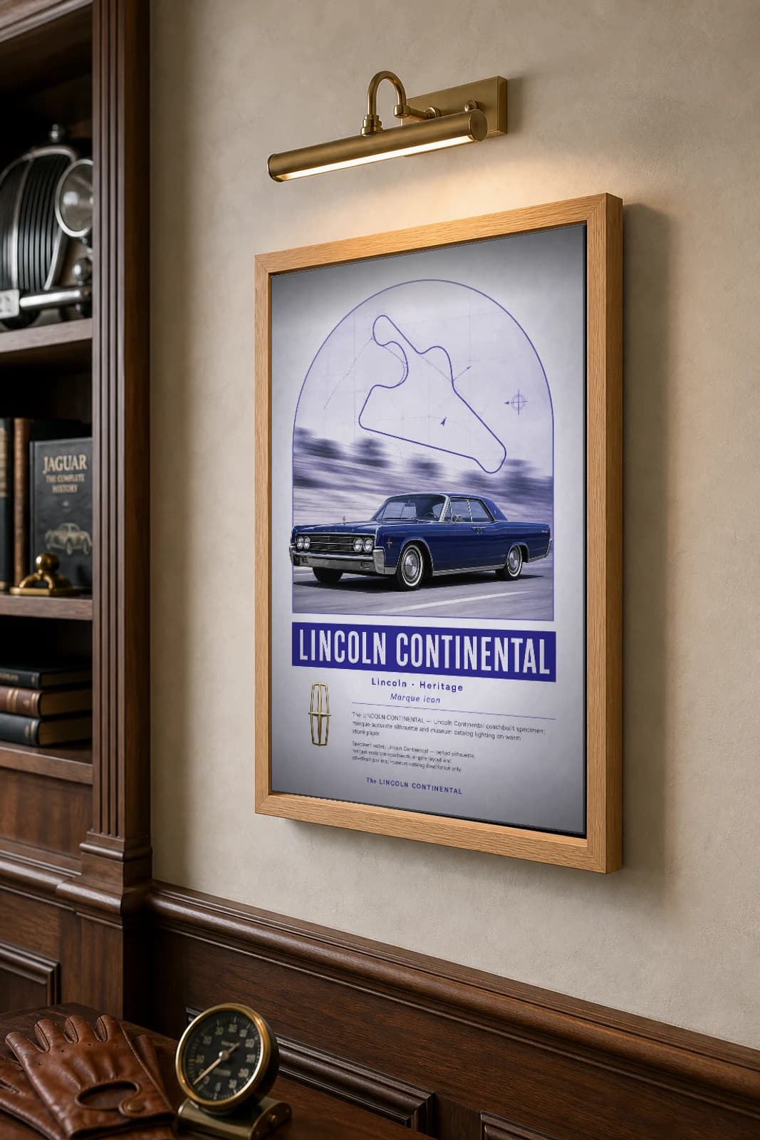 Lincoln Continental Poster — 1961 classic car wall art · framed A2 · garage decor — the framed print shown at a three-quarter angle on a styled gallery wall in a natural-oak frame