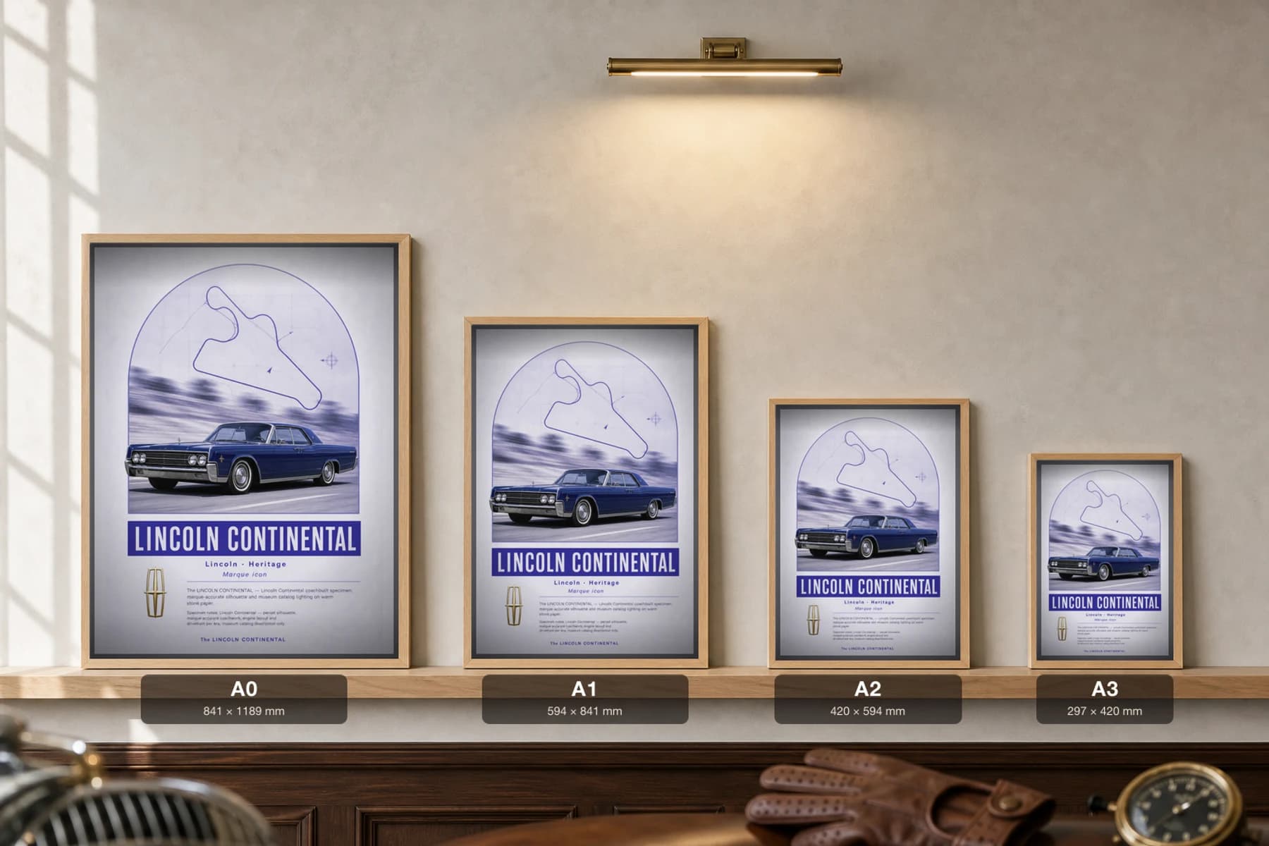 Lincoln Continental Poster — 1961 classic car wall art · framed A2 · garage decor — print size guide showing the artwork at A0, A1, A2 and A3 in natural-oak frames at true relative scale
