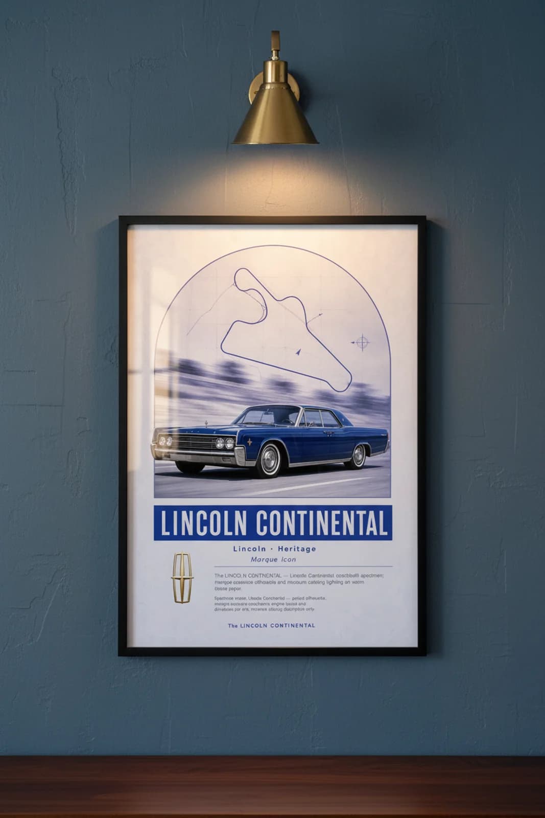 Continental poster in black A2 frame on lincoln-blue lime-wash wall — Heritage Icons collector lounge mockup