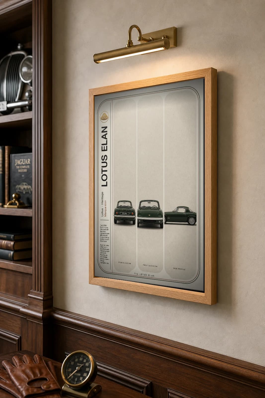 Lotus Elan Poster — 1962 sports car wall art · framed A2 · garage decor — the framed print shown at a three-quarter angle on a styled gallery wall in a natural-oak frame