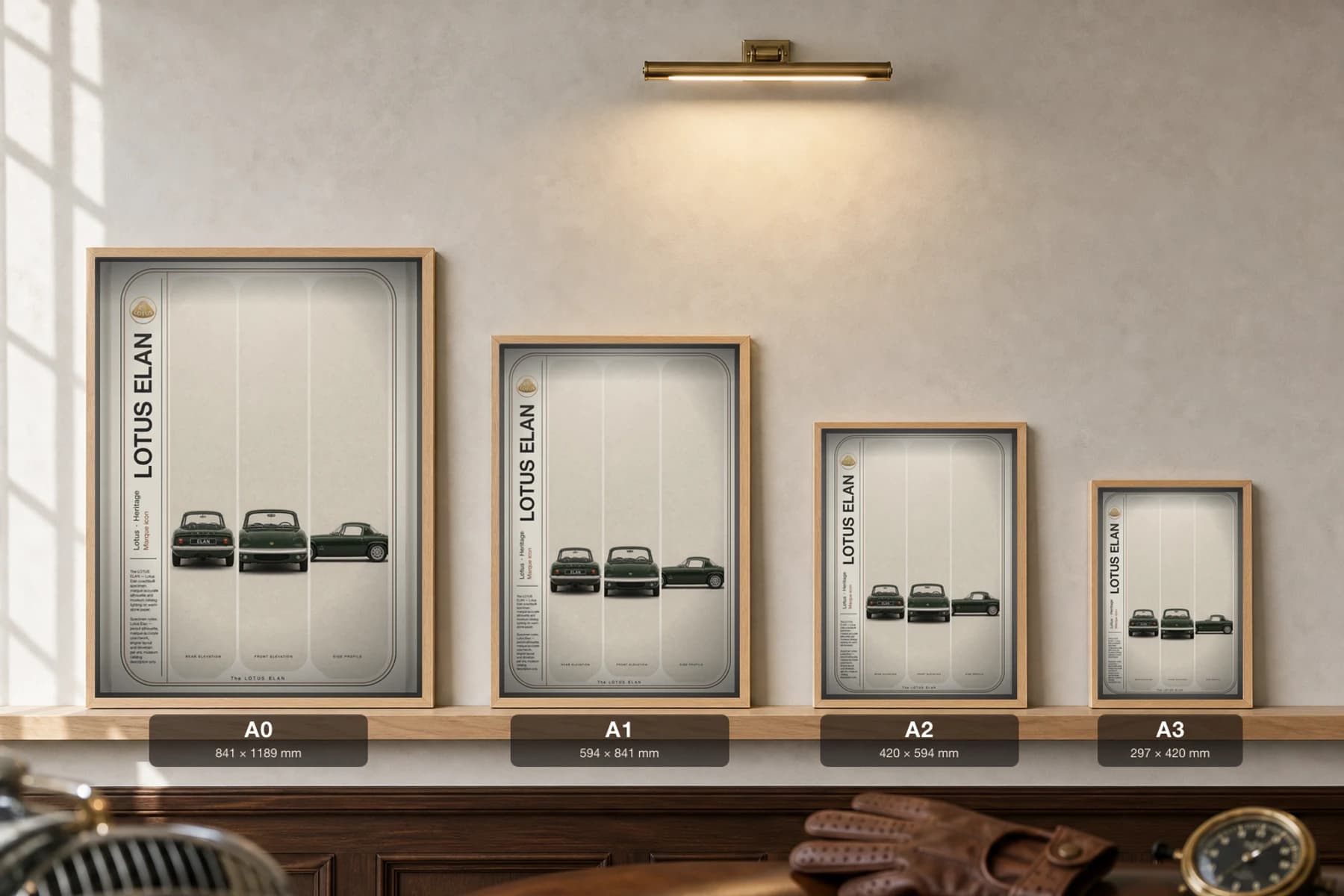 Lotus Elan Poster — 1962 sports car wall art · framed A2 · garage decor — print size guide showing the artwork at A0, A1, A2 and A3 in natural-oak frames at true relative scale