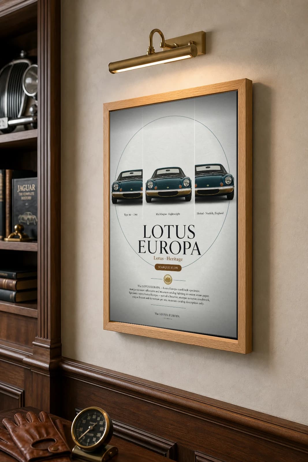 Lotus Europa Poster — 1966 sports car wall art · framed A2 · garage decor — the framed print shown at a three-quarter angle on a styled gallery wall in a natural-oak frame
