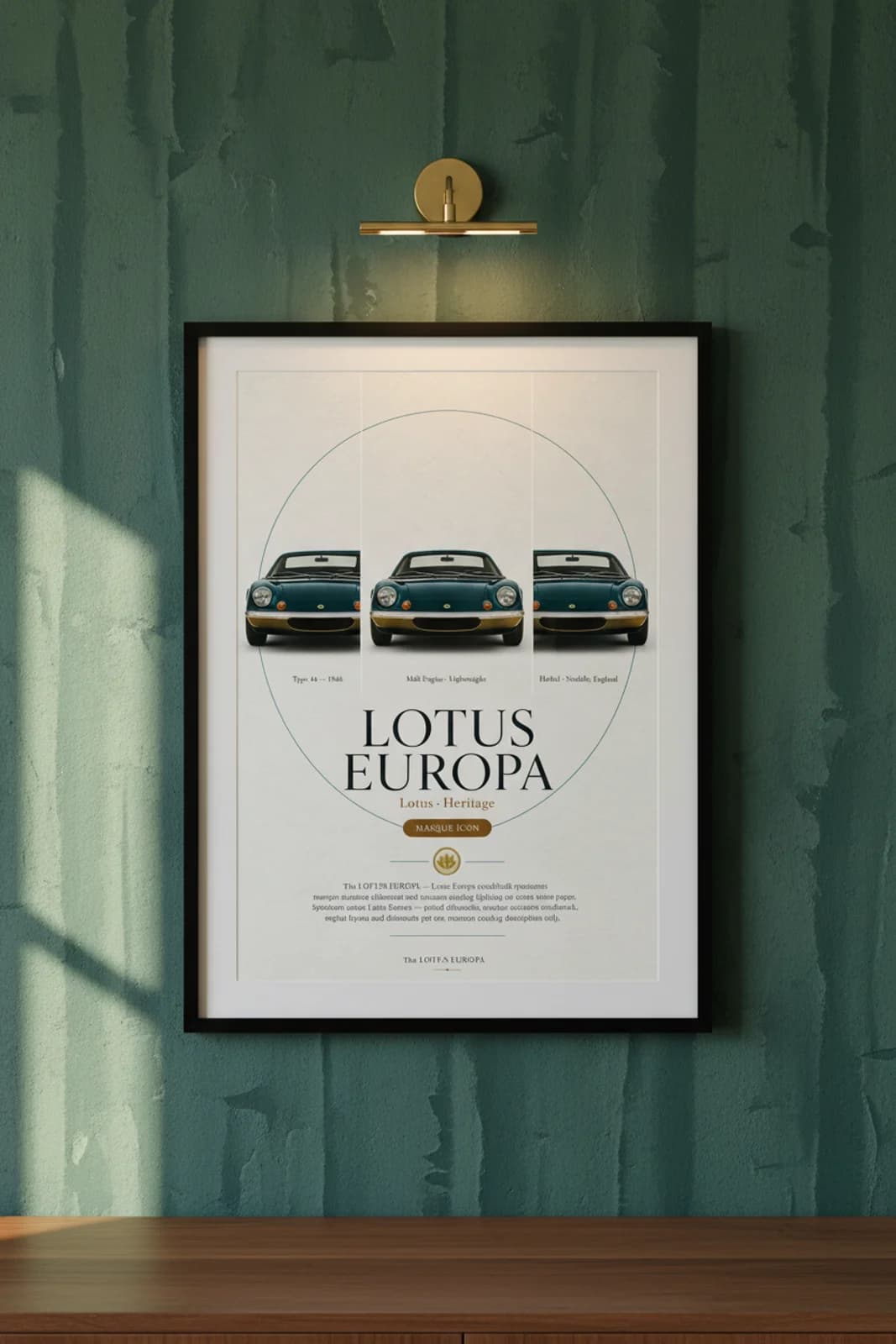 Europa poster in black A2 frame on teal-green lime-wash wall — Heritage Icons collector lounge mockup