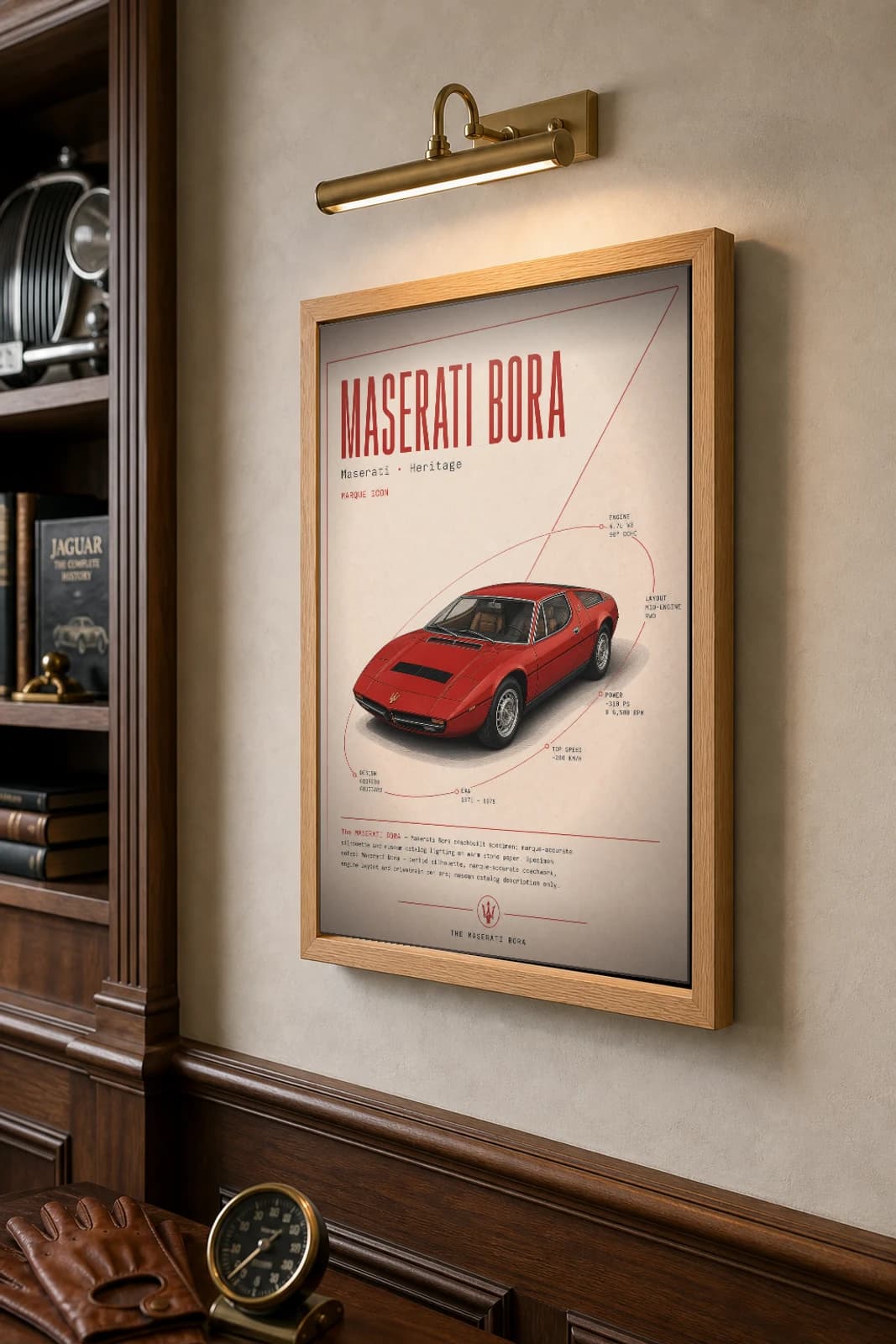 Maserati Bora Poster — 1971 supercar wall art · framed A2 · garage decor — the framed print shown at a three-quarter angle on a styled gallery wall in a natural-oak frame