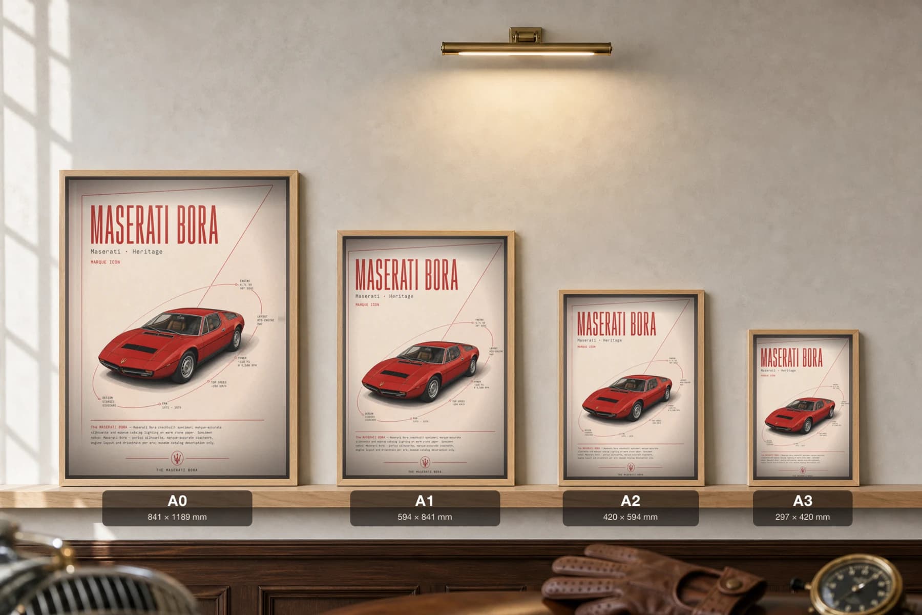 Maserati Bora Poster — 1971 supercar wall art · framed A2 · garage decor — print size guide showing the artwork at A0, A1, A2 and A3 in natural-oak frames at true relative scale
