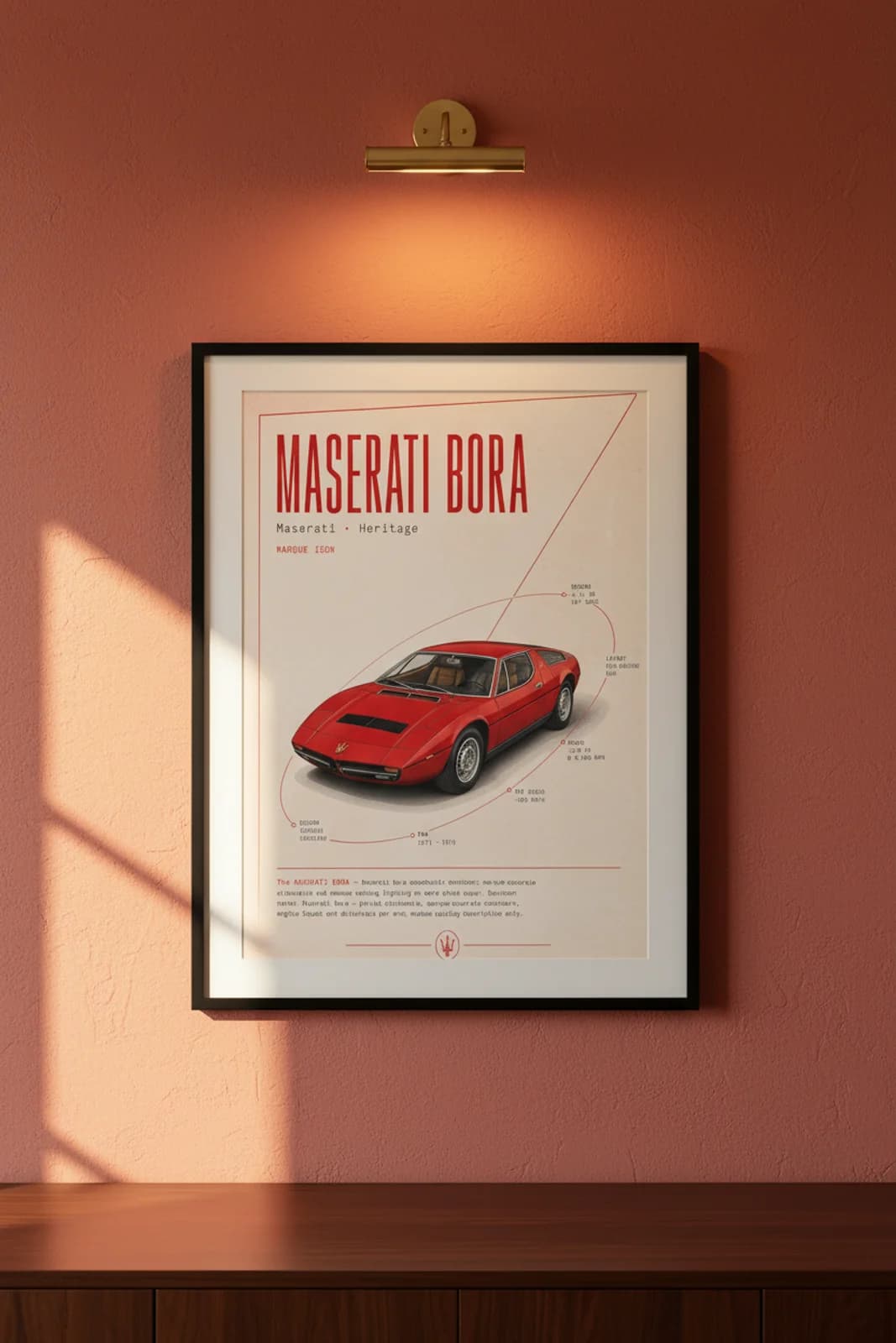 Bora poster in black A2 frame on rosso-red lime-wash wall — Heritage Icons collector lounge mockup