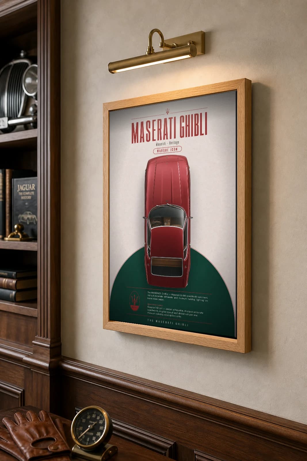 Maserati Ghibli Poster — 1967 grand tourer wall art · framed A2 · garage decor — the framed print shown at a three-quarter angle on a styled gallery wall in a natural-oak frame