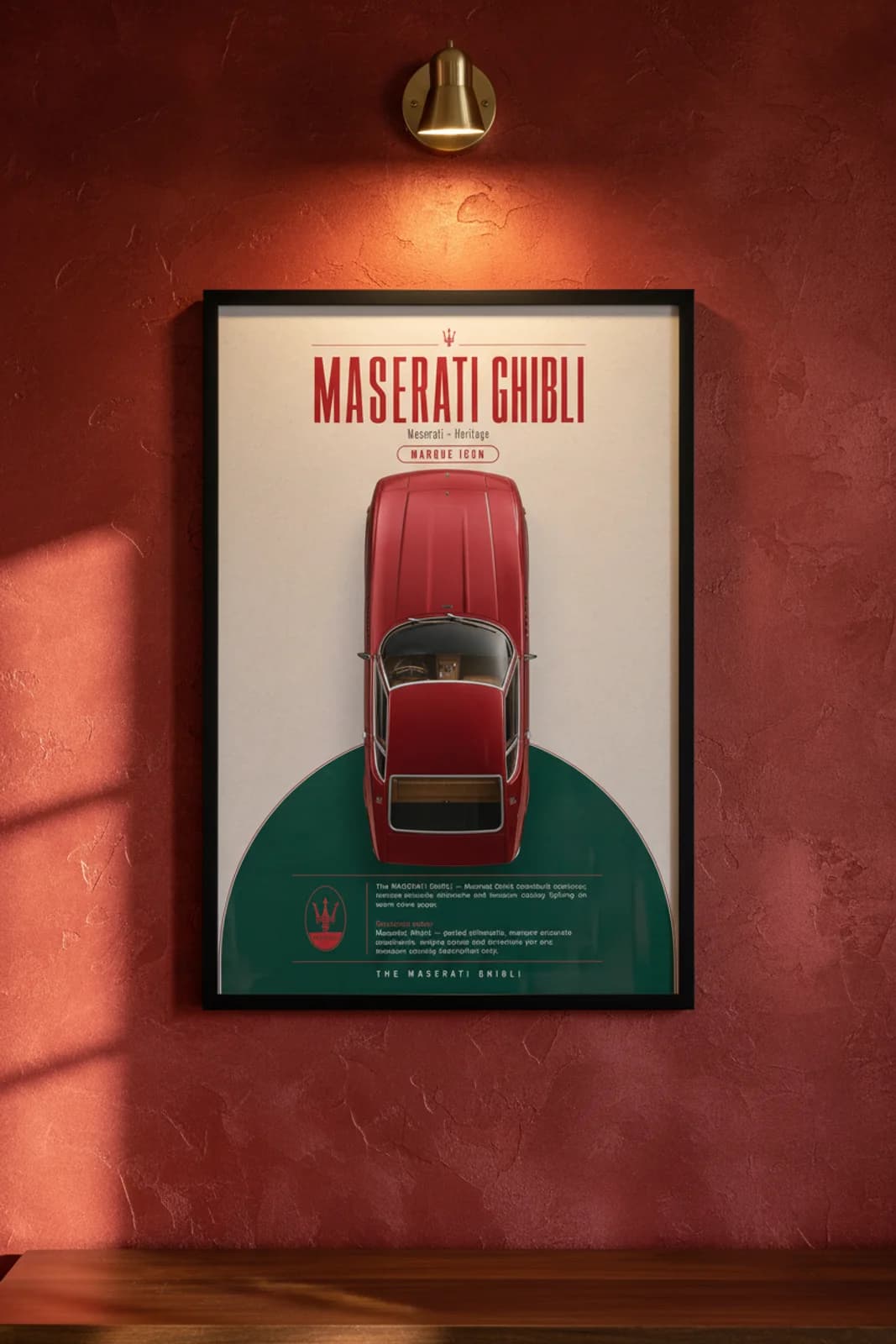 Ghibli poster in black A2 frame on rosso-metallic lime-wash wall — Heritage Icons collector lounge mockup