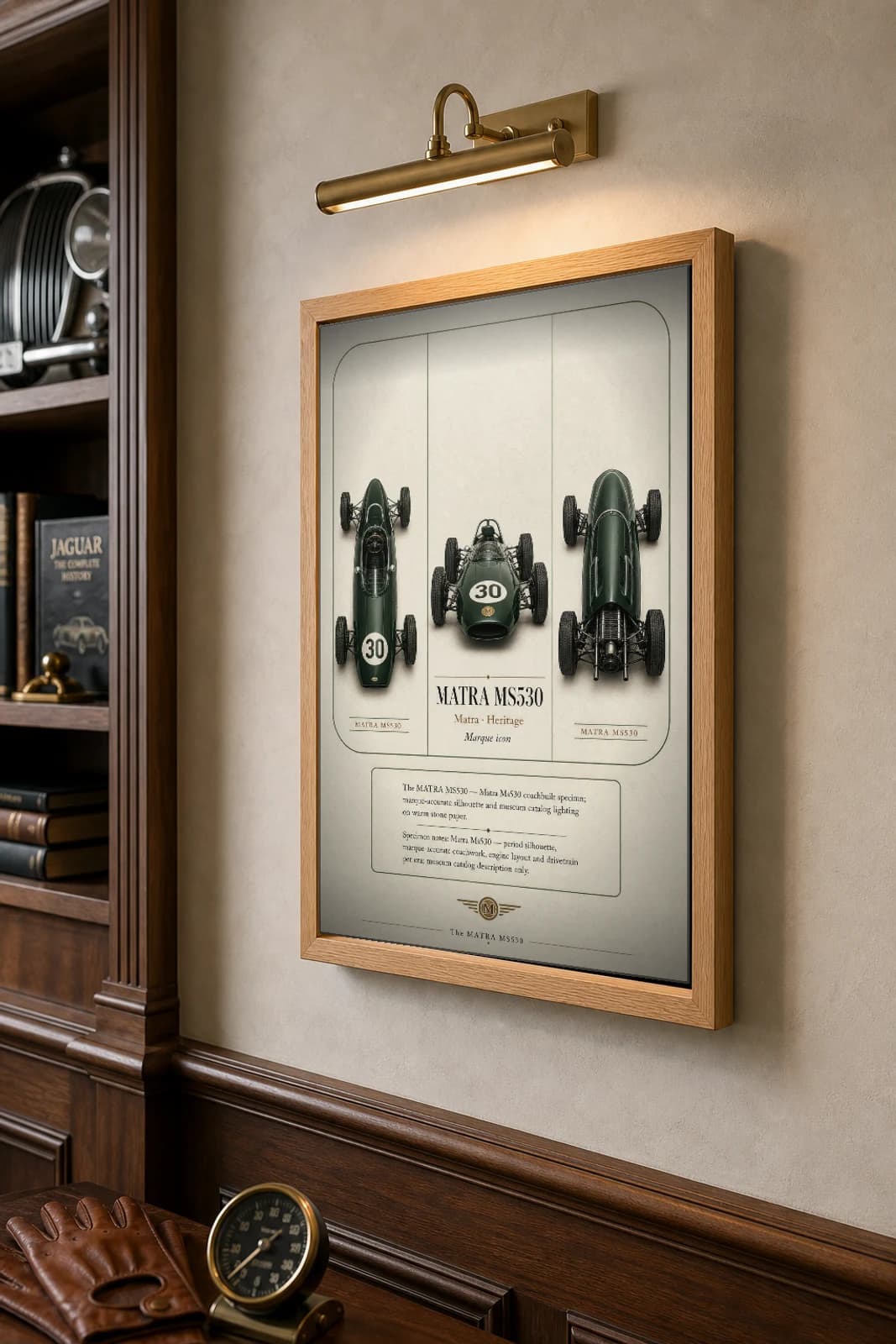 Matra MS530 Poster — 1965 classic car wall art · framed A2 · garage decor — the framed print shown at a three-quarter angle on a styled gallery wall in a natural-oak frame