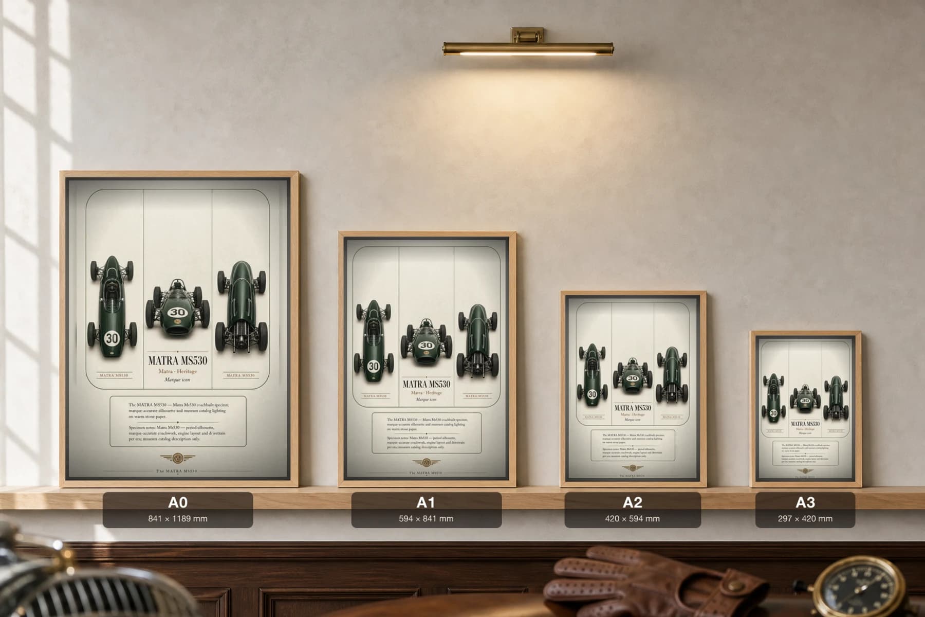 Matra MS530 Poster — 1965 classic car wall art · framed A2 · garage decor — print size guide showing the artwork at A0, A1, A2 and A3 in natural-oak frames at true relative scale