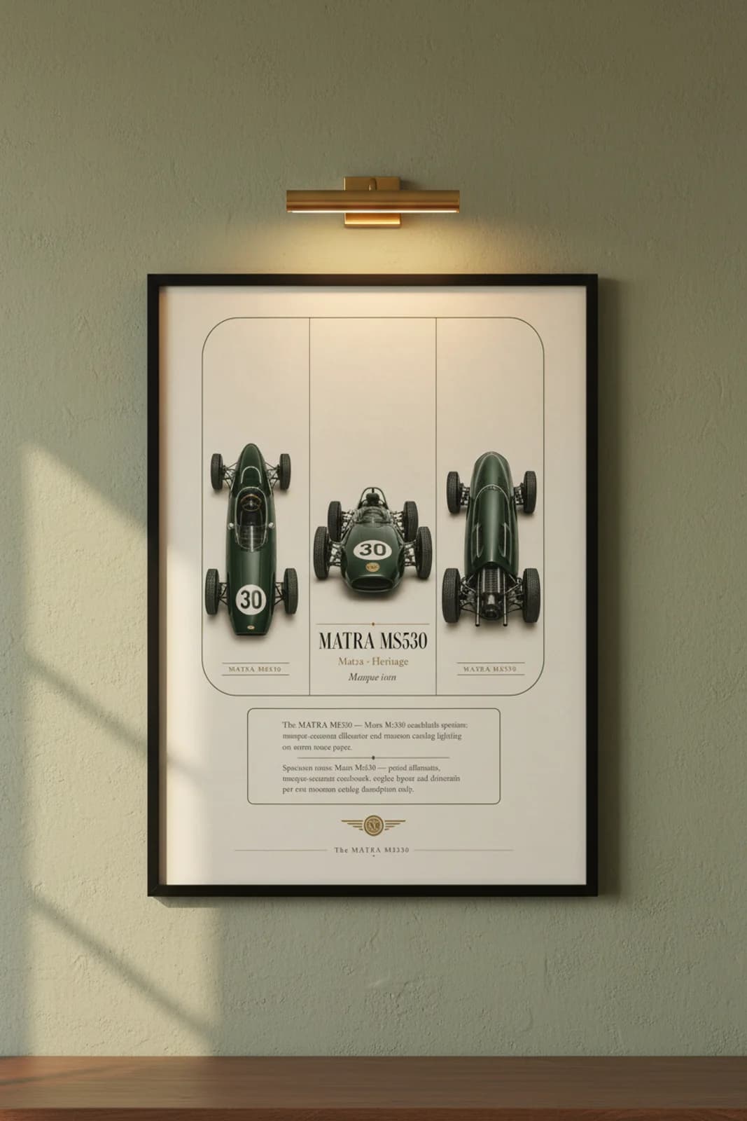 MS530 poster in black A2 frame on british-racing-green lime-wash wall — Heritage Icons collector lounge mockup