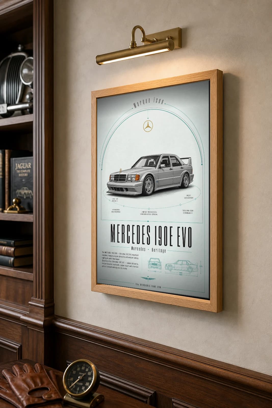 Mercedes-Benz 190E 2.5-16 Evolution II Poster — 1990 homologation special wall art · framed A2 · garage decor — the framed print shown at a three-quarter angle on a styled gallery wall in a natural-oak frame