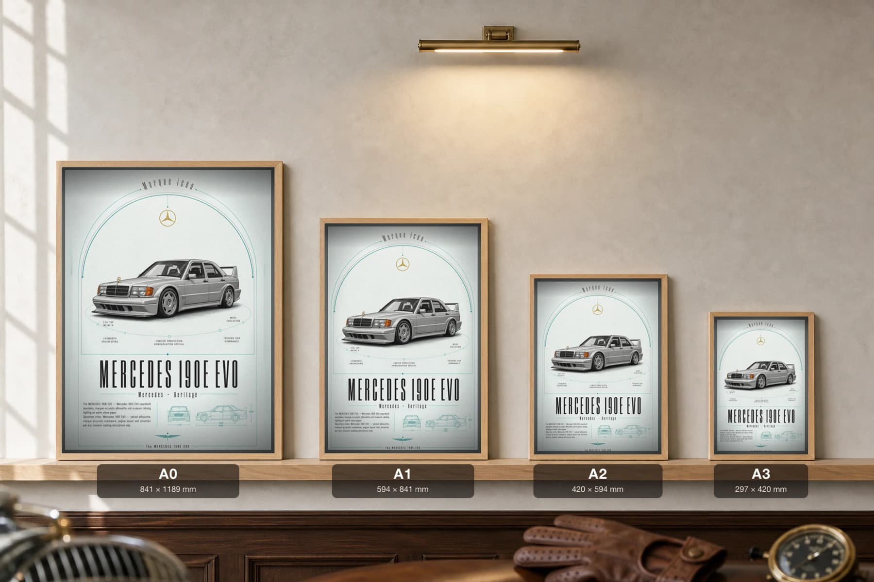 Mercedes-Benz 190E 2.5-16 Evolution II Poster — 1990 homologation special wall art · framed A2 · garage decor — print size guide showing the artwork at A0, A1, A2 and A3 in natural-oak frames at true relative scale