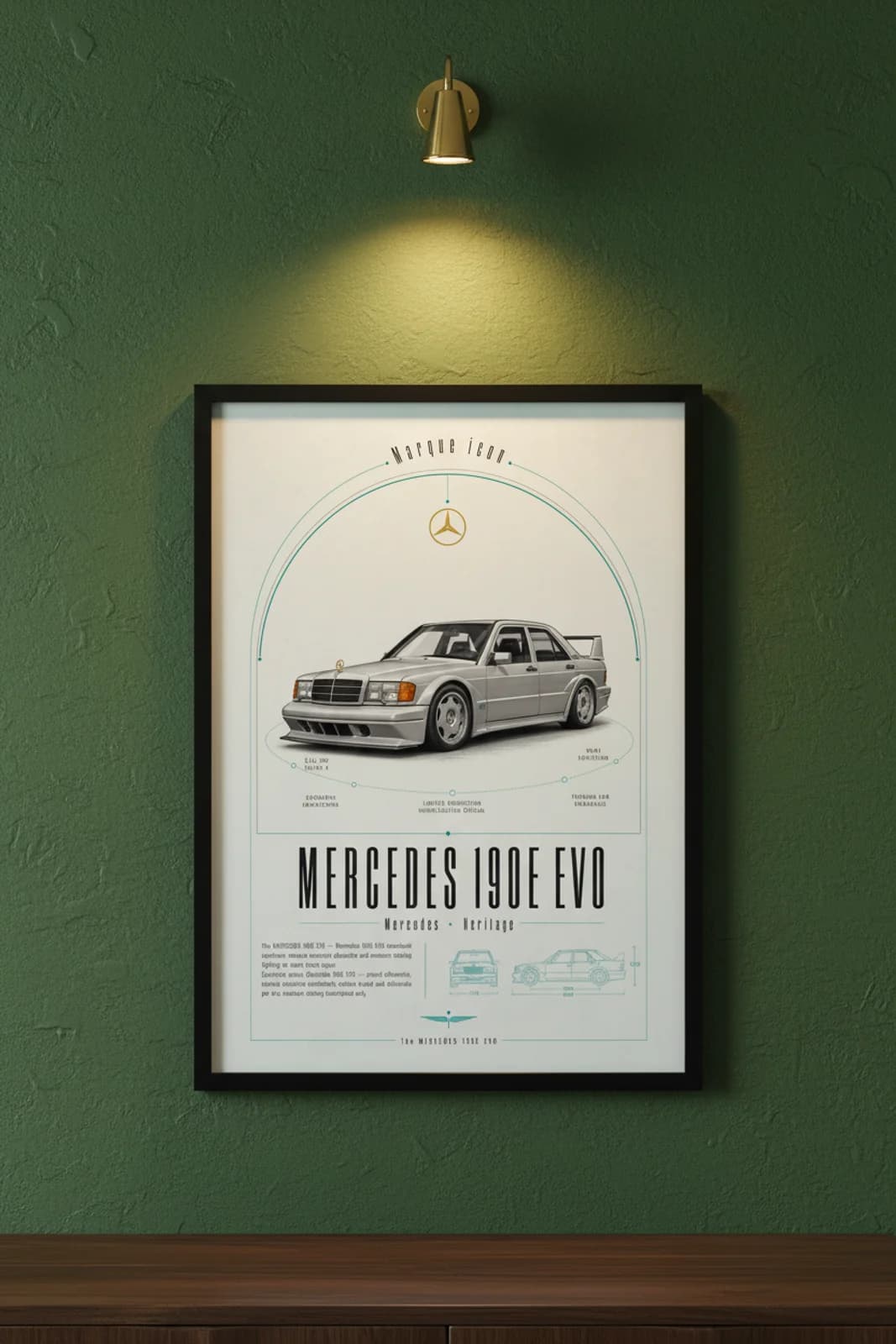 190E Evo II poster in black A2 frame on british-racing-green lime-wash wall — Heritage Icons collector lounge mockup