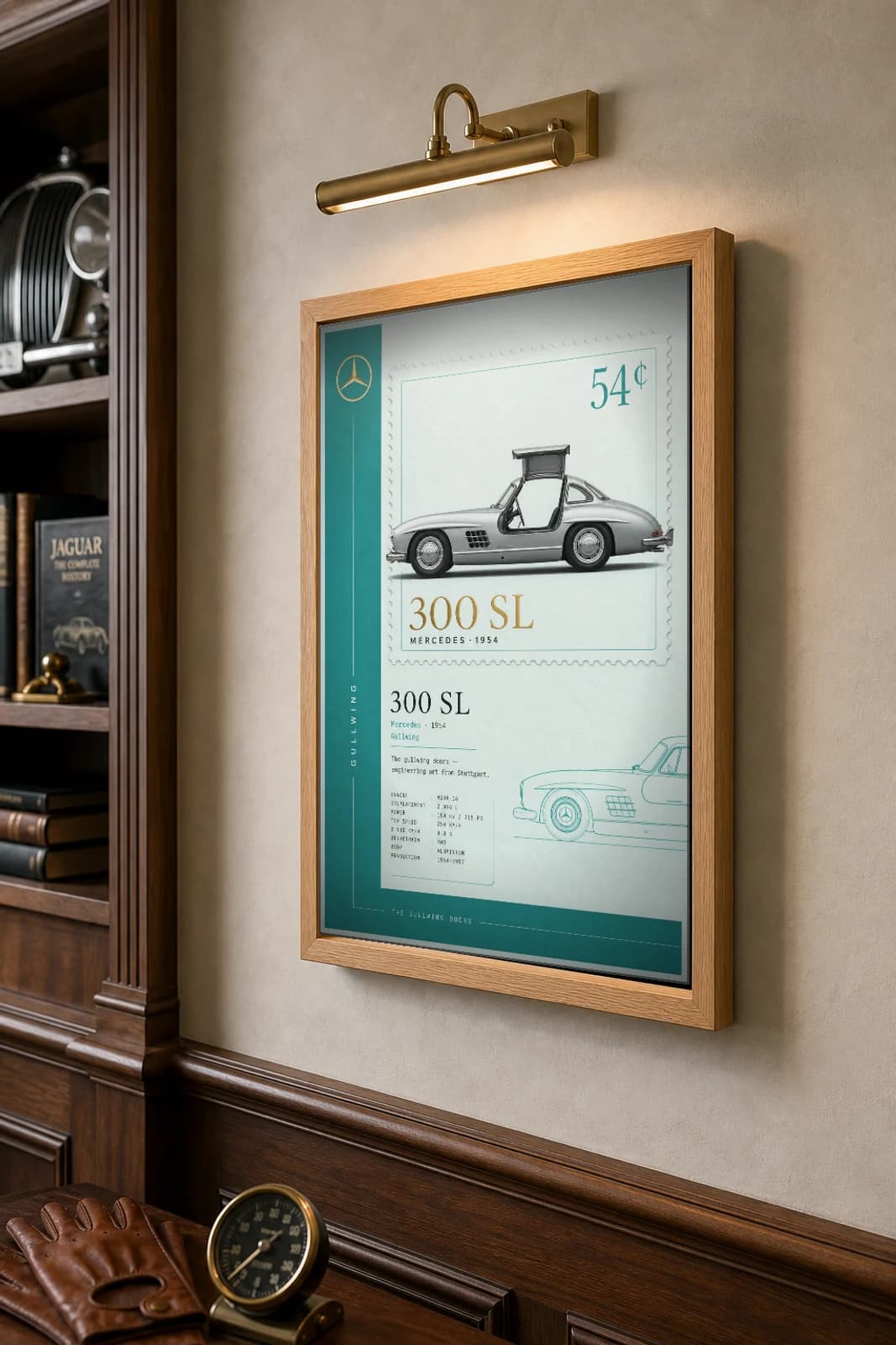 Mercedes-Benz 300 SL Poster — 1954 gullwing wall art · framed A2 · garage decor — the framed print shown at a three-quarter angle on a styled gallery wall in a natural-oak frame