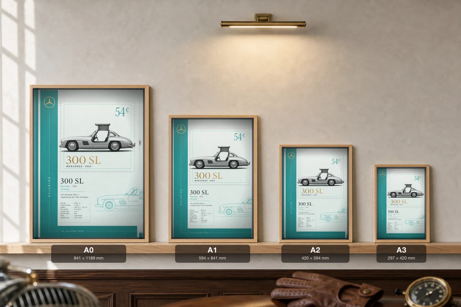 Mercedes-Benz 300 SL Poster — 1954 gullwing wall art · framed A2 · garage decor — print size guide showing the artwork at A0, A1, A2 and A3 in natural-oak frames at true relative scale