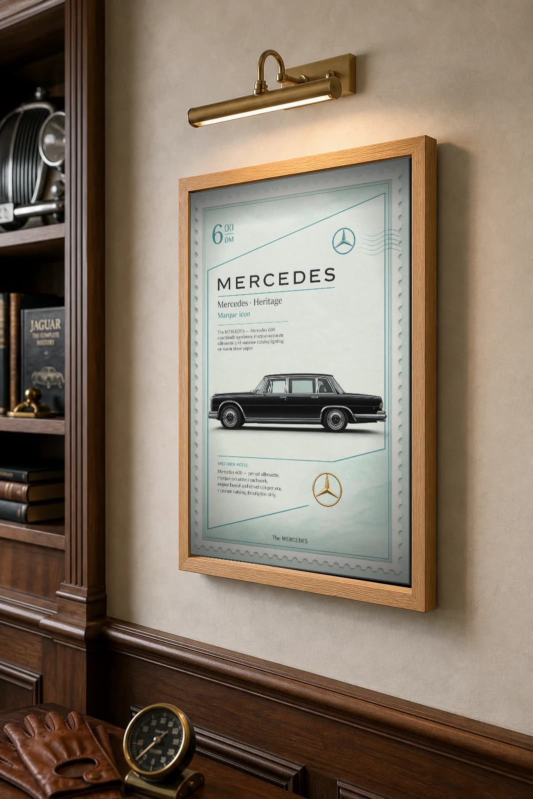 Mercedes-Benz 600 Poster — 1963 Grosser limousine wall art · framed A2 · collector decor — the framed print shown at a three-quarter angle on a styled gallery wall in a natural-oak frame