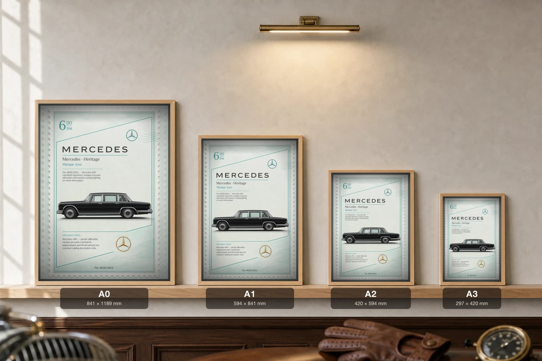 Mercedes-Benz 600 Poster — 1963 Grosser limousine wall art · framed A2 · collector decor — print size guide showing the artwork at A0, A1, A2 and A3 in natural-oak frames at true relative scale