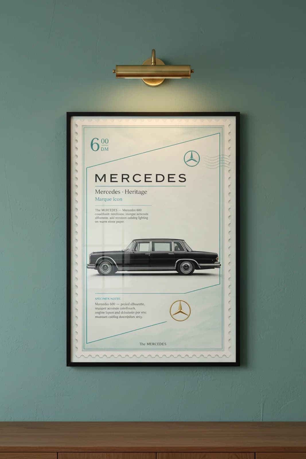 Mercedes-Benz 600 poster in black A2 frame on mint-teal-stamp-ground lime-wash wall — Heritage Icons collector lounge mockup