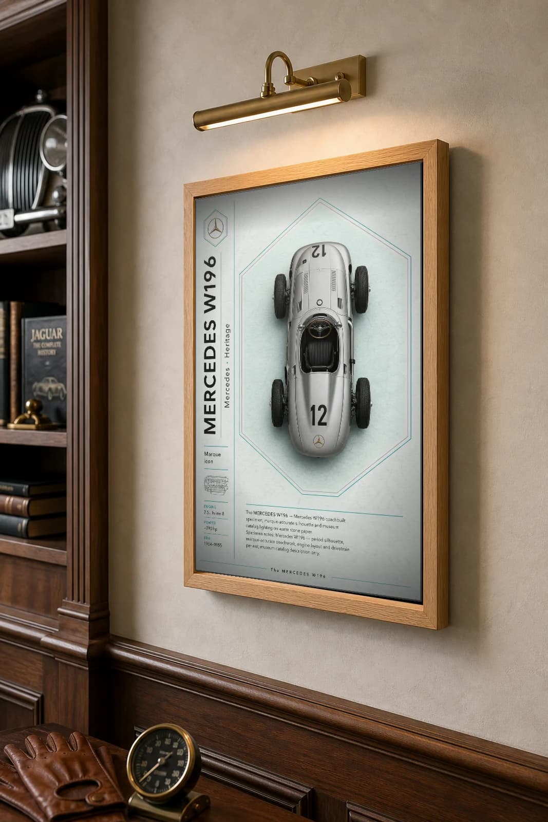 Mercedes-Benz W196 Poster — 1954 Formula One racing car wall art · framed A2 · garage decor — the framed print shown at a three-quarter angle on a styled gallery wall in a natural-oak frame