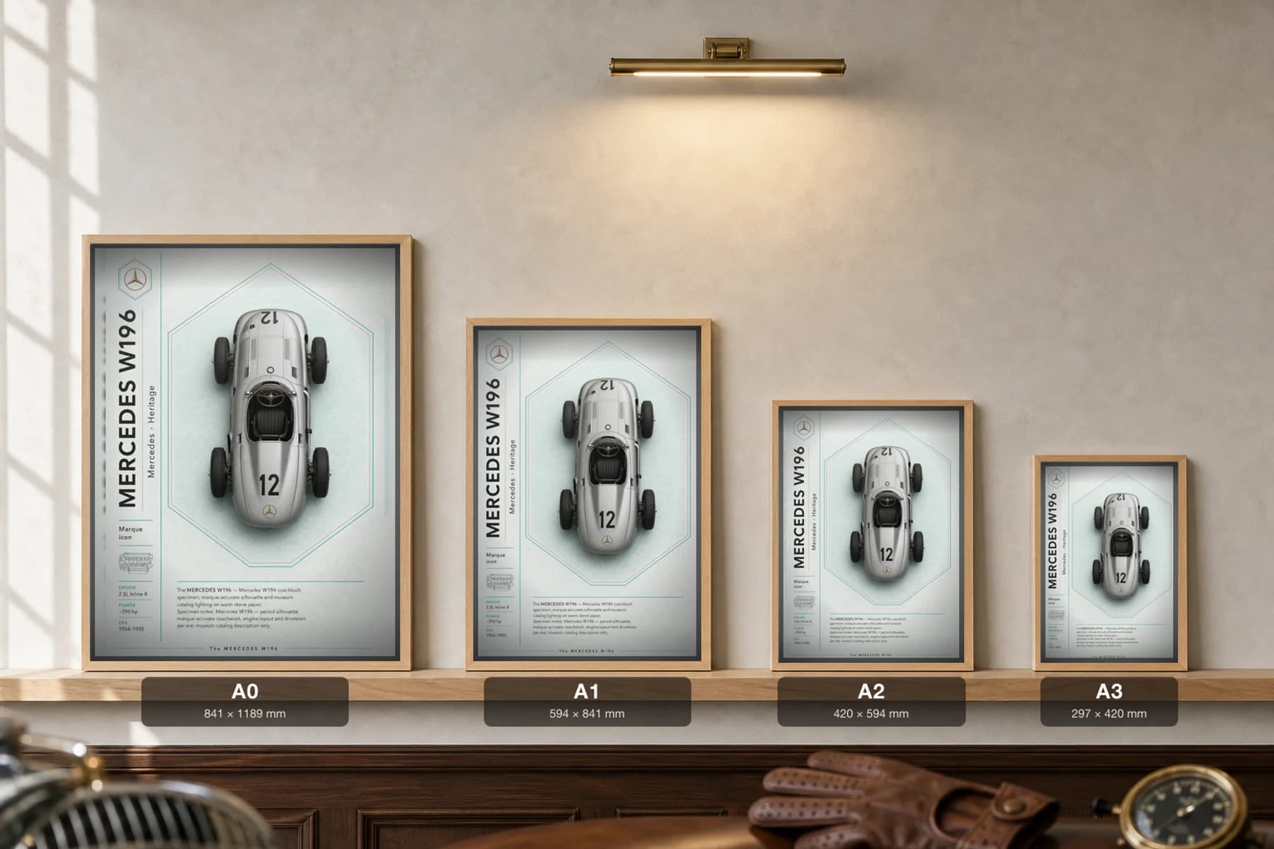 Mercedes-Benz W196 Poster — 1954 Formula One racing car wall art · framed A2 · garage decor — print size guide showing the artwork at A0, A1, A2 and A3 in natural-oak frames at true relative scale