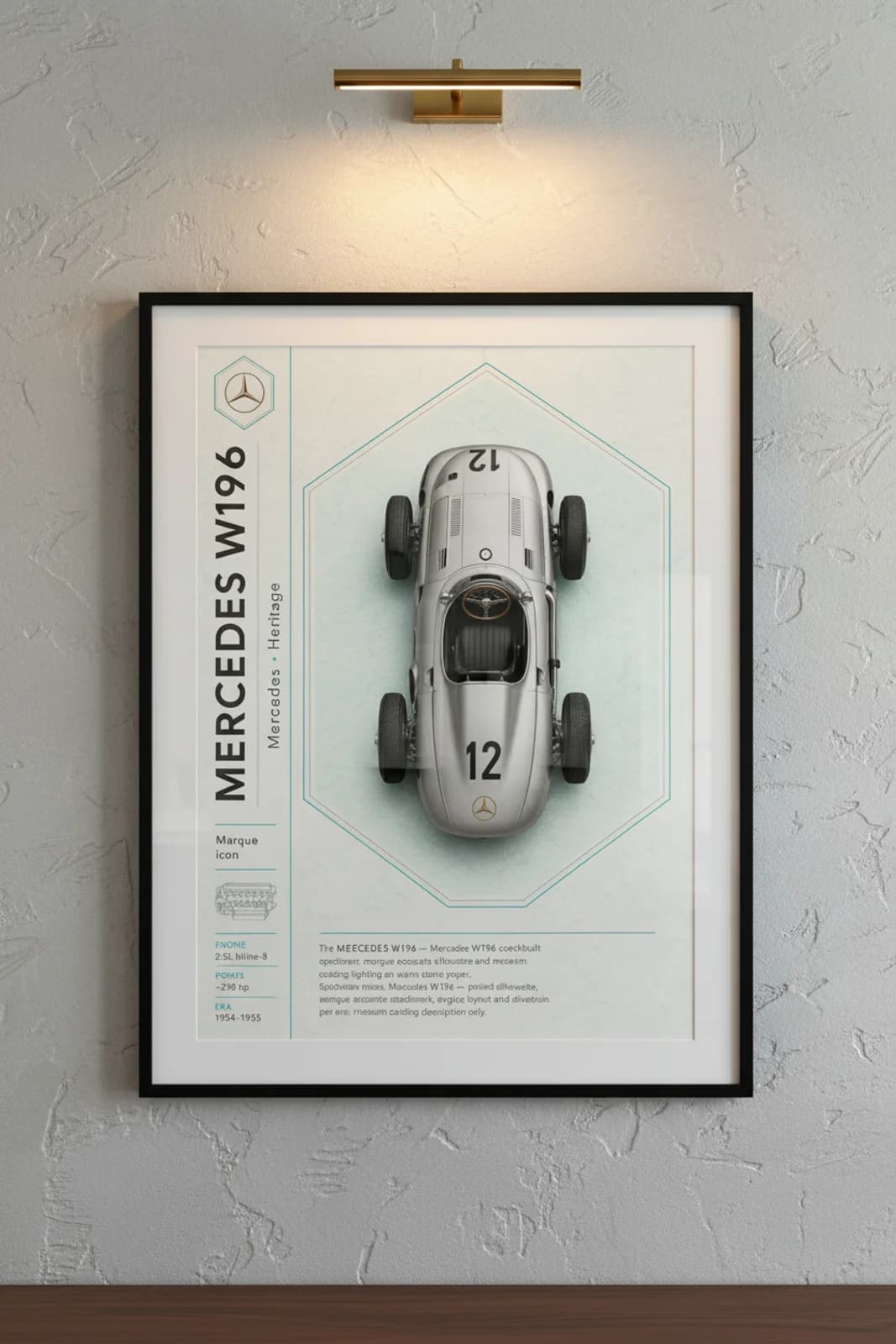 Mercedes-Benz W196 poster in black A2 frame on silver-w196 lime-wash wall — Heritage Icons collector lounge mockup