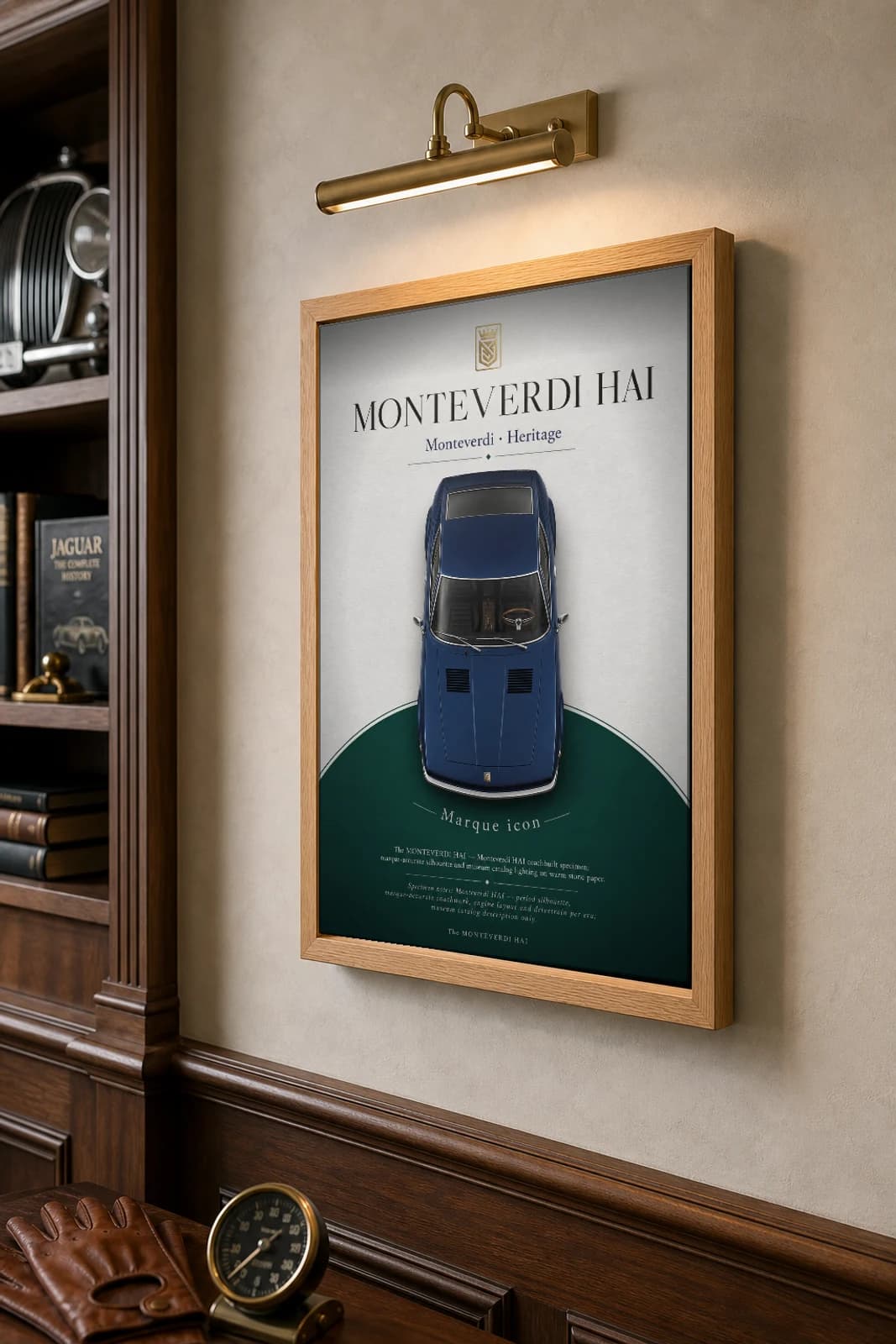 Monteverdi Hai 450 SS Poster — 1970 Swiss supercar wall art · framed A2 · collector decor — the framed print shown at a three-quarter angle on a styled gallery wall in a natural-oak frame