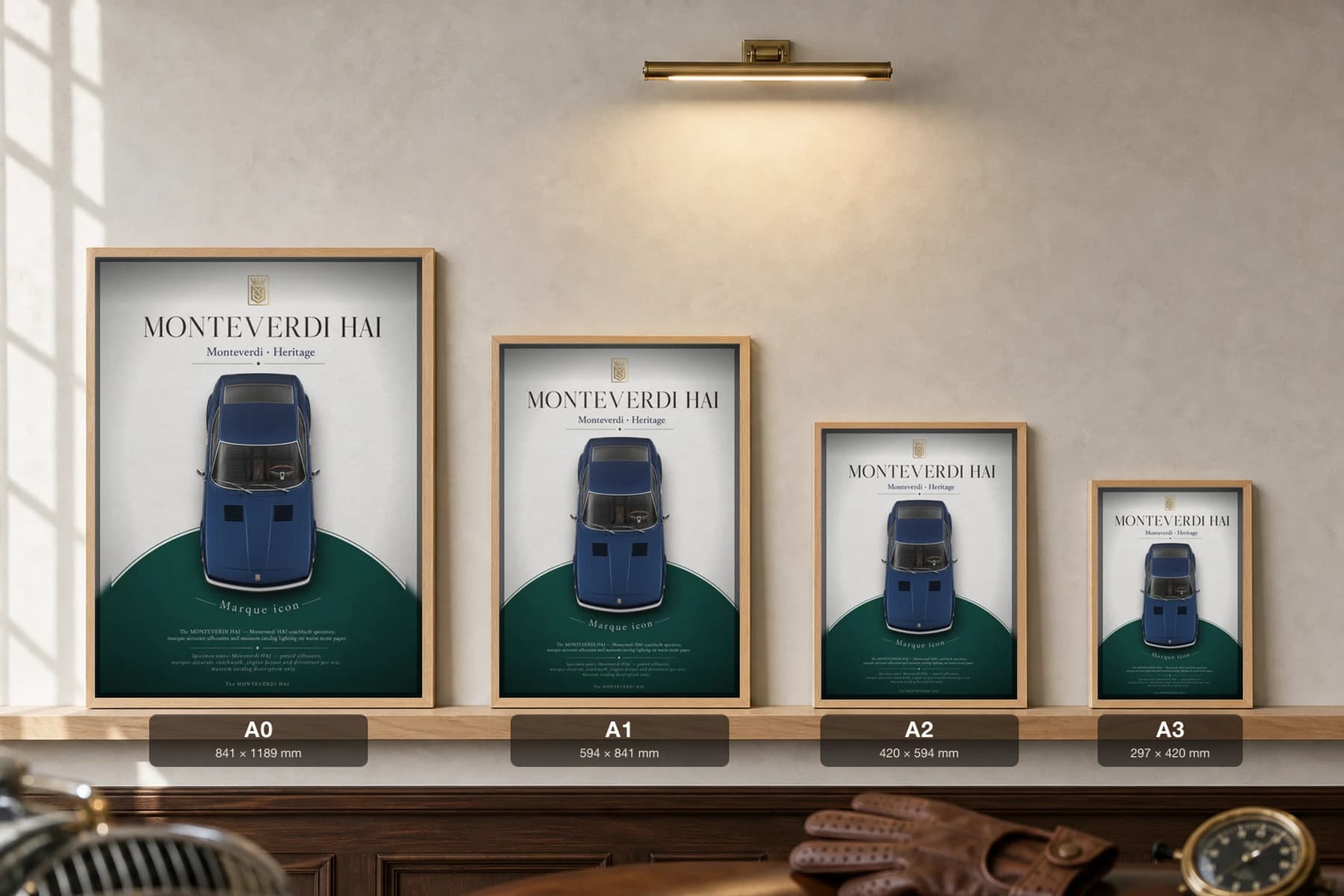 Monteverdi Hai 450 SS Poster — 1970 Swiss supercar wall art · framed A2 · collector decor — print size guide showing the artwork at A0, A1, A2 and A3 in natural-oak frames at true relative scale