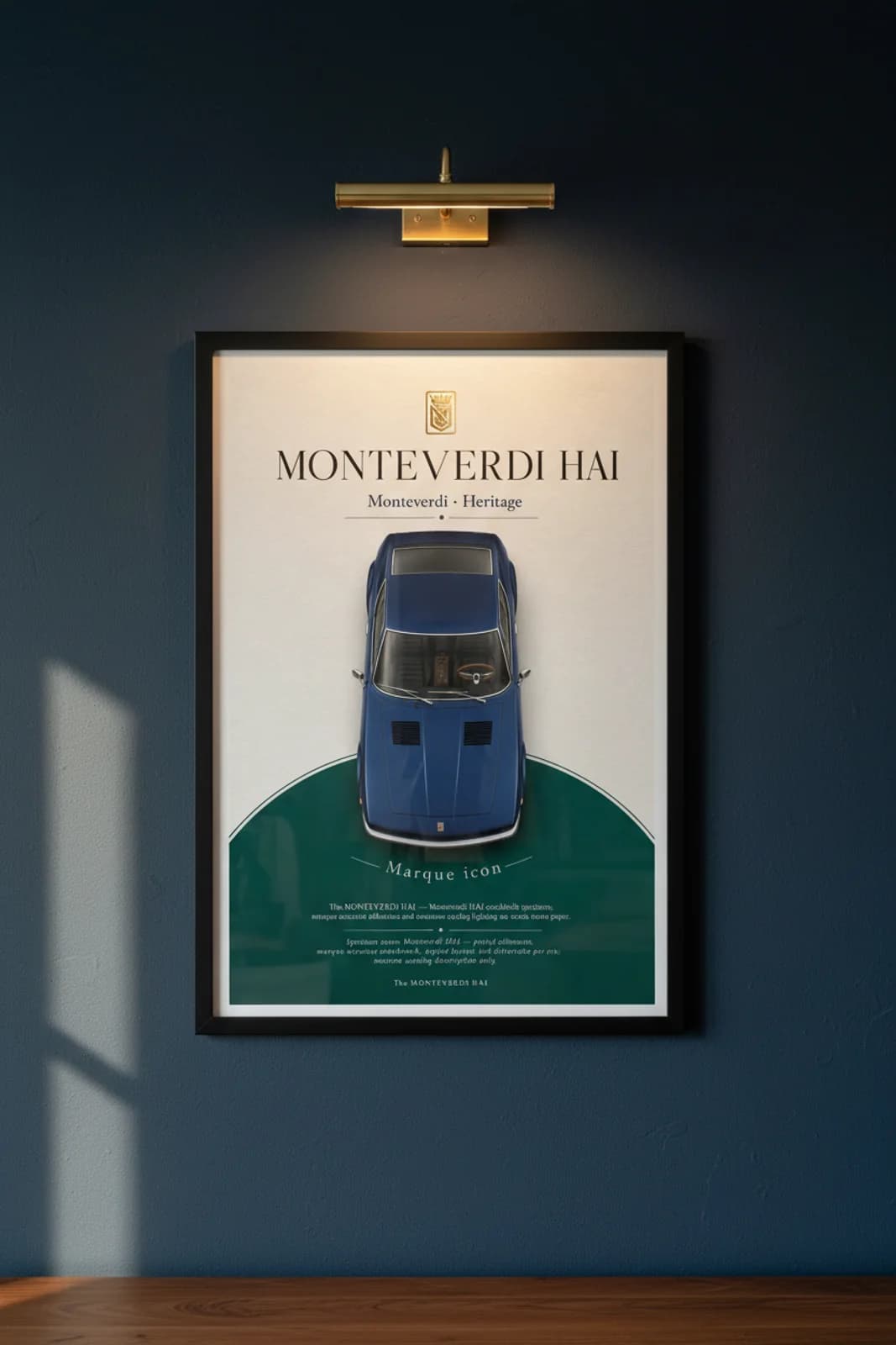 Monteverdi Hai 450 SS poster in black A2 frame on midnight-blue-hai lime-wash wall — Heritage Icons collector lounge mockup