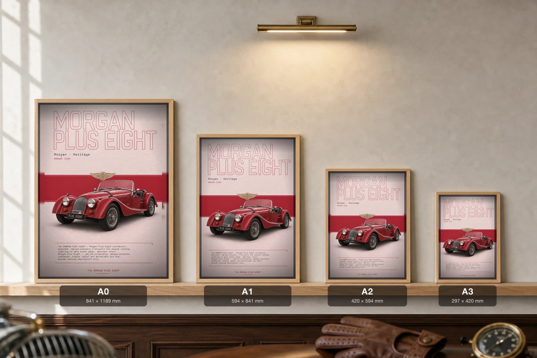 Morgan Plus Eight Poster — 1968 roadster wall art · framed A2 · garage decor — print size guide showing the artwork at A0, A1, A2 and A3 in natural-oak frames at true relative scale