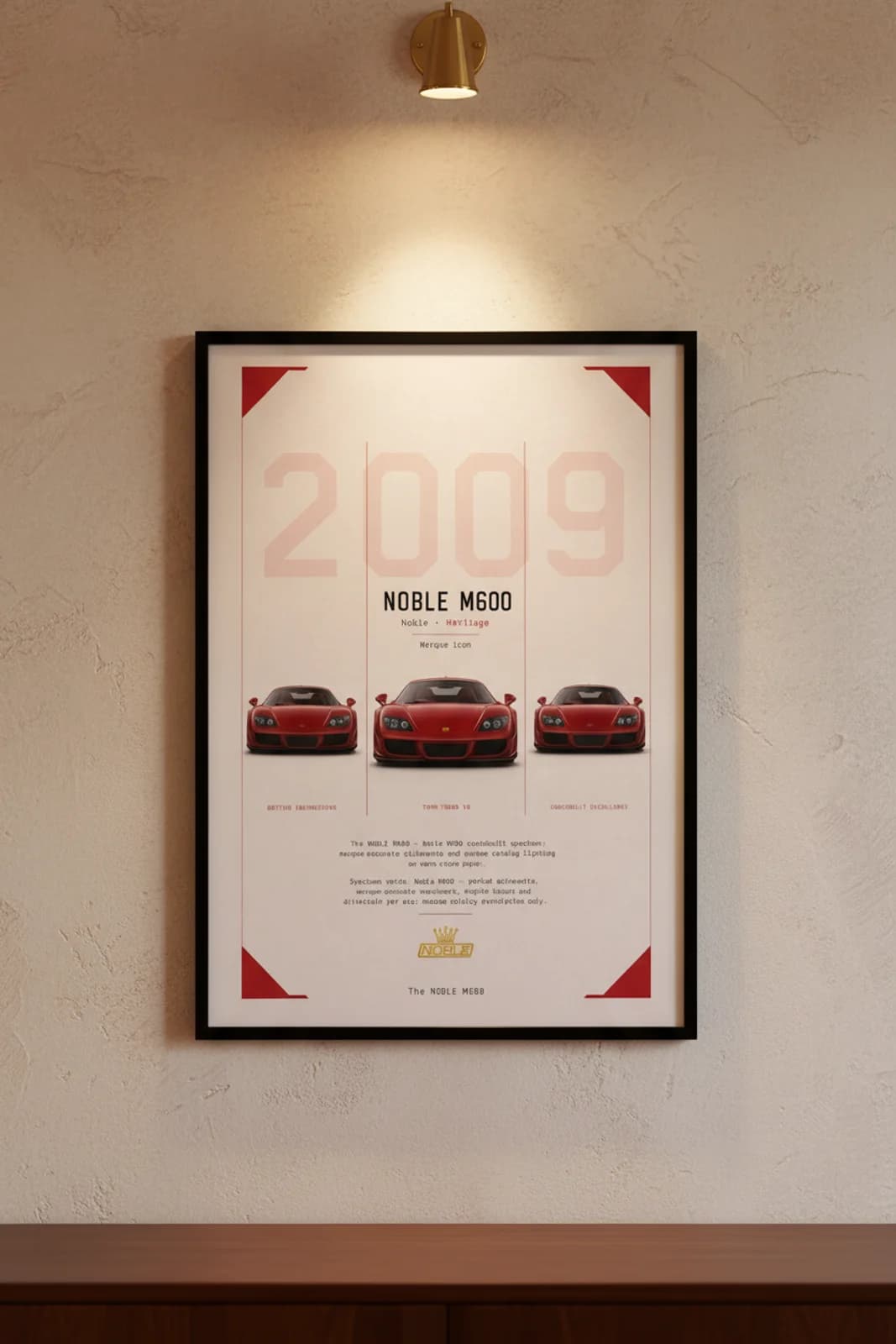 Noble M600 poster in black A2 frame on red-m600 lime-wash wall — Heritage Icons collector lounge mockup