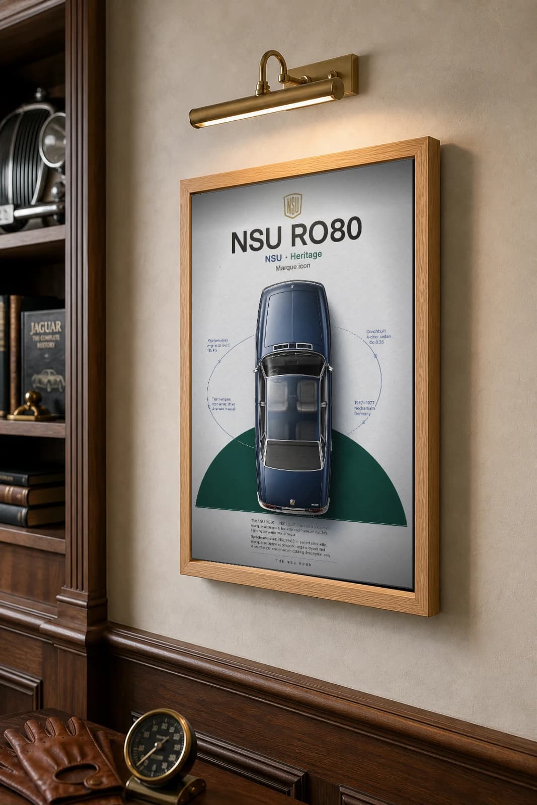 NSU Ro 80 Poster — 1967 Wankel rotary saloon wall art · framed A2 · collector decor — the framed print shown at a three-quarter angle on a styled gallery wall in a natural-oak frame
