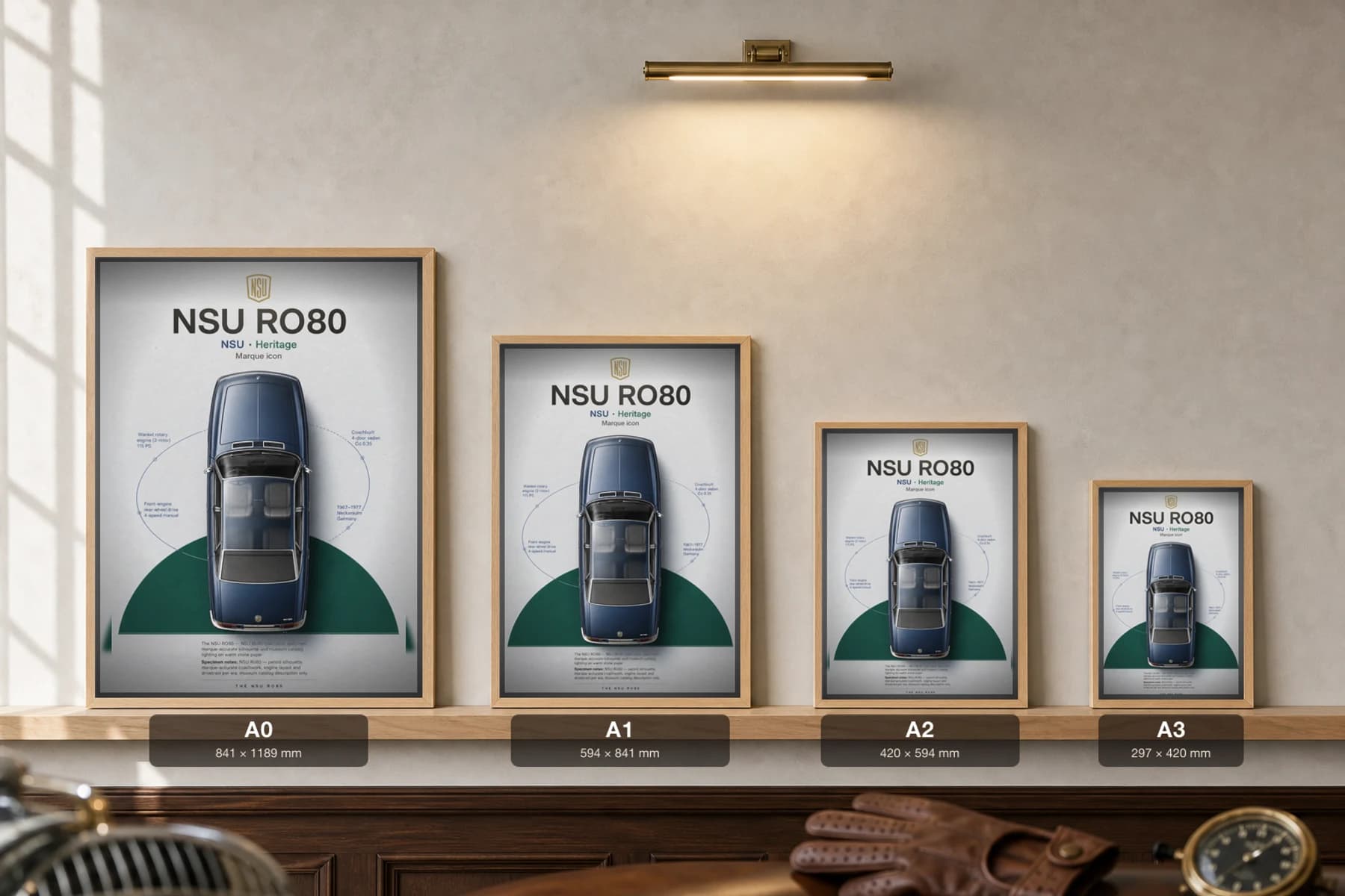NSU Ro 80 Poster — 1967 Wankel rotary saloon wall art · framed A2 · collector decor — print size guide showing the artwork at A0, A1, A2 and A3 in natural-oak frames at true relative scale