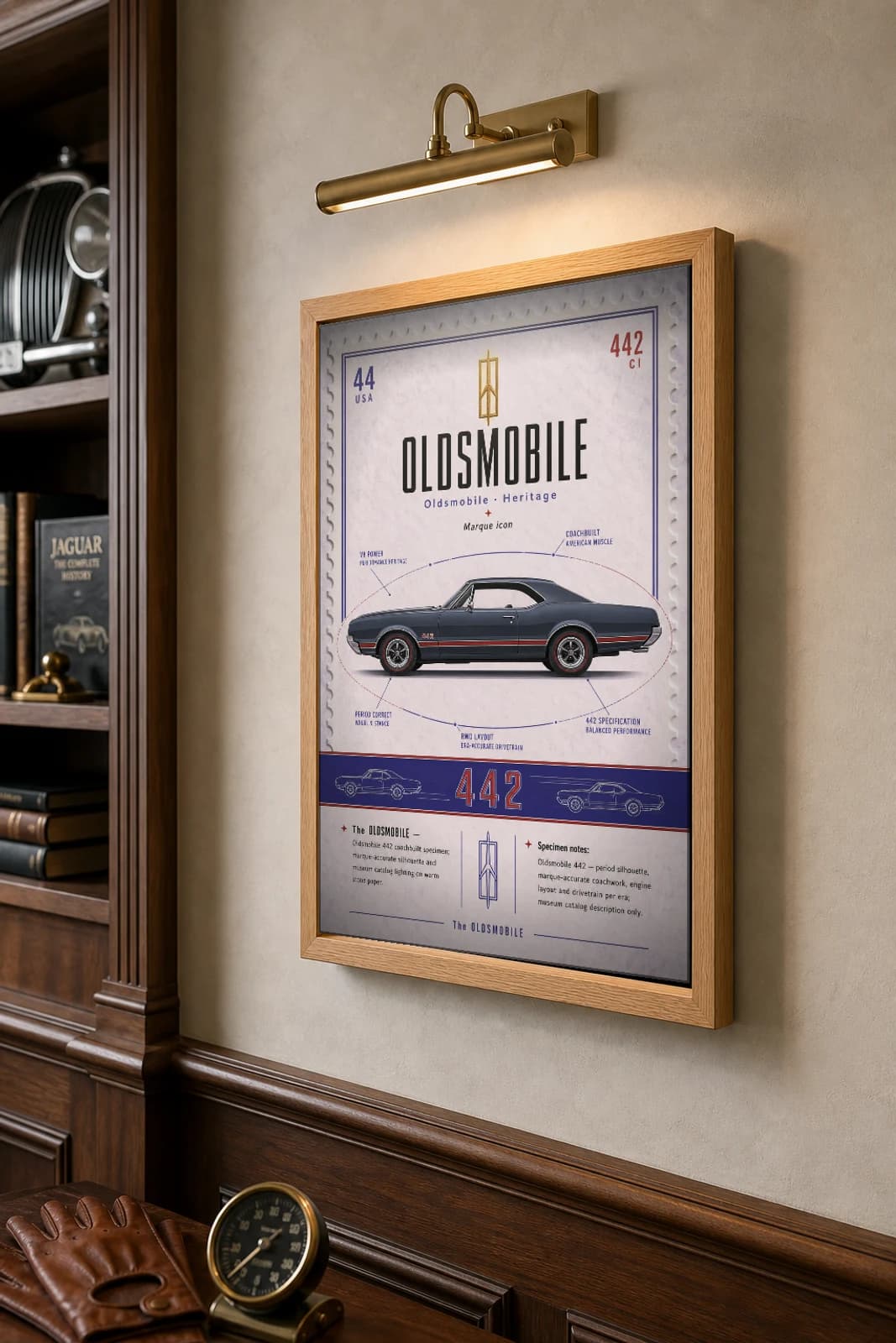 Oldsmobile 442 Poster — 1966 American muscle wall art · framed A2 · garage decor — the framed print shown at a three-quarter angle on a styled gallery wall in a natural-oak frame