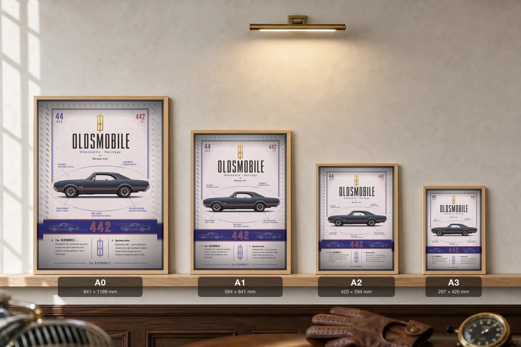 Oldsmobile 442 Poster — 1966 American muscle wall art · framed A2 · garage decor — print size guide showing the artwork at A0, A1, A2 and A3 in natural-oak frames at true relative scale