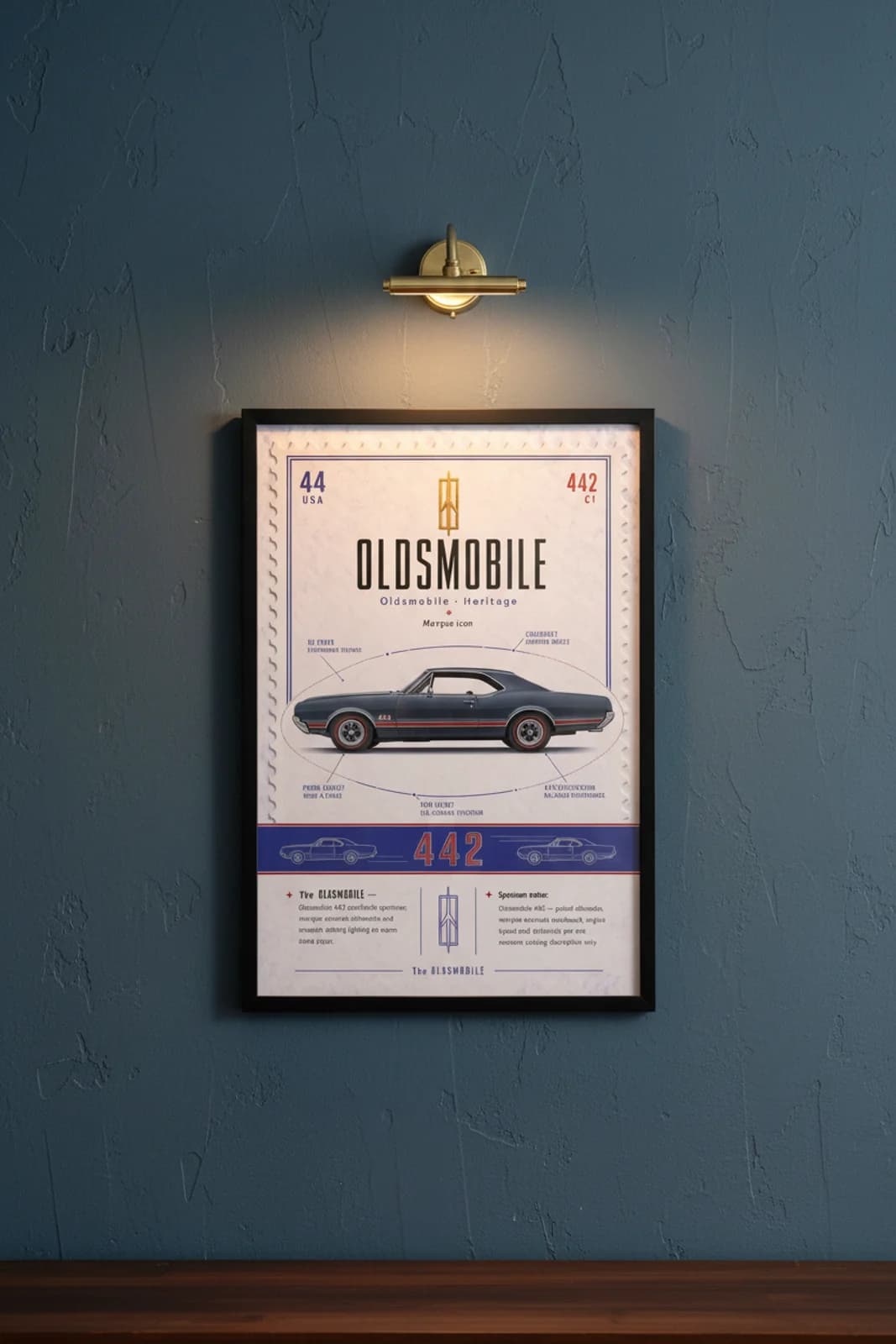 Oldsmobile 442 poster in black A2 frame on blue-grey-442 lime-wash wall — Heritage Icons collector lounge mockup