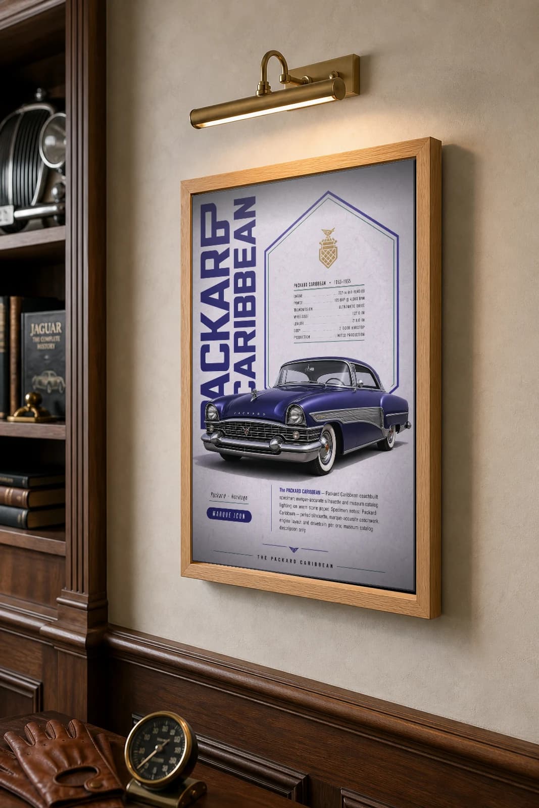 Packard Caribbean Poster — 1953 American luxury convertible wall art · framed A2 · collector decor — the framed print shown at a three-quarter angle on a styled gallery wall in a natural-oak frame