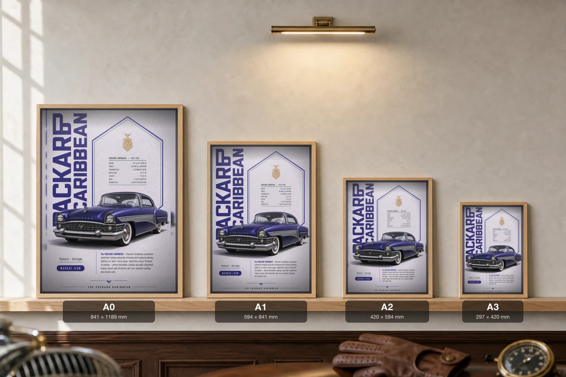 Packard Caribbean Poster — 1953 American luxury convertible wall art · framed A2 · collector decor — print size guide showing the artwork at A0, A1, A2 and A3 in natural-oak frames at true relative scale