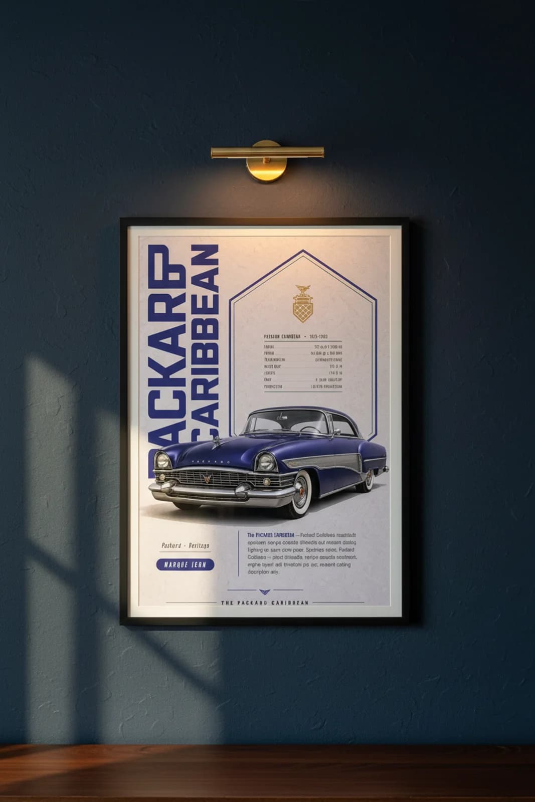 Packard Caribbean poster in black A2 frame on navy-blue-type lime-wash wall — Heritage Icons collector lounge mockup