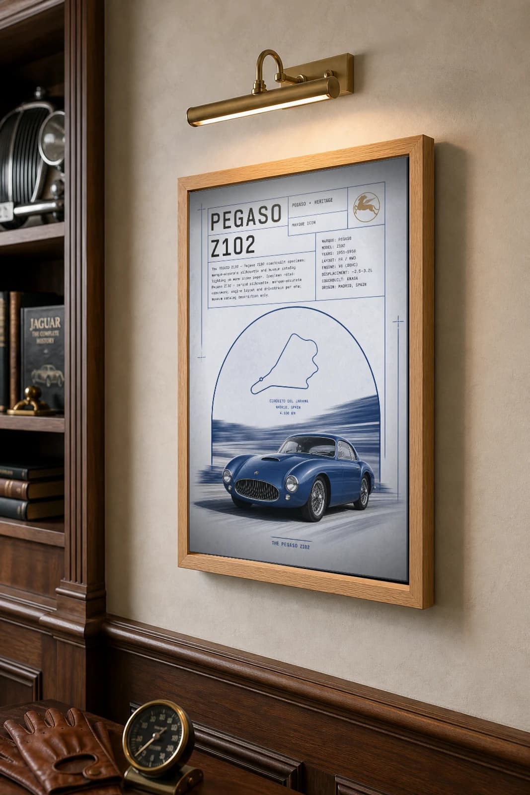 Pegaso Z-102 Poster — 1951 Spanish supercar wall art · framed A2 · collector decor — the framed print shown at a three-quarter angle on a styled gallery wall in a natural-oak frame
