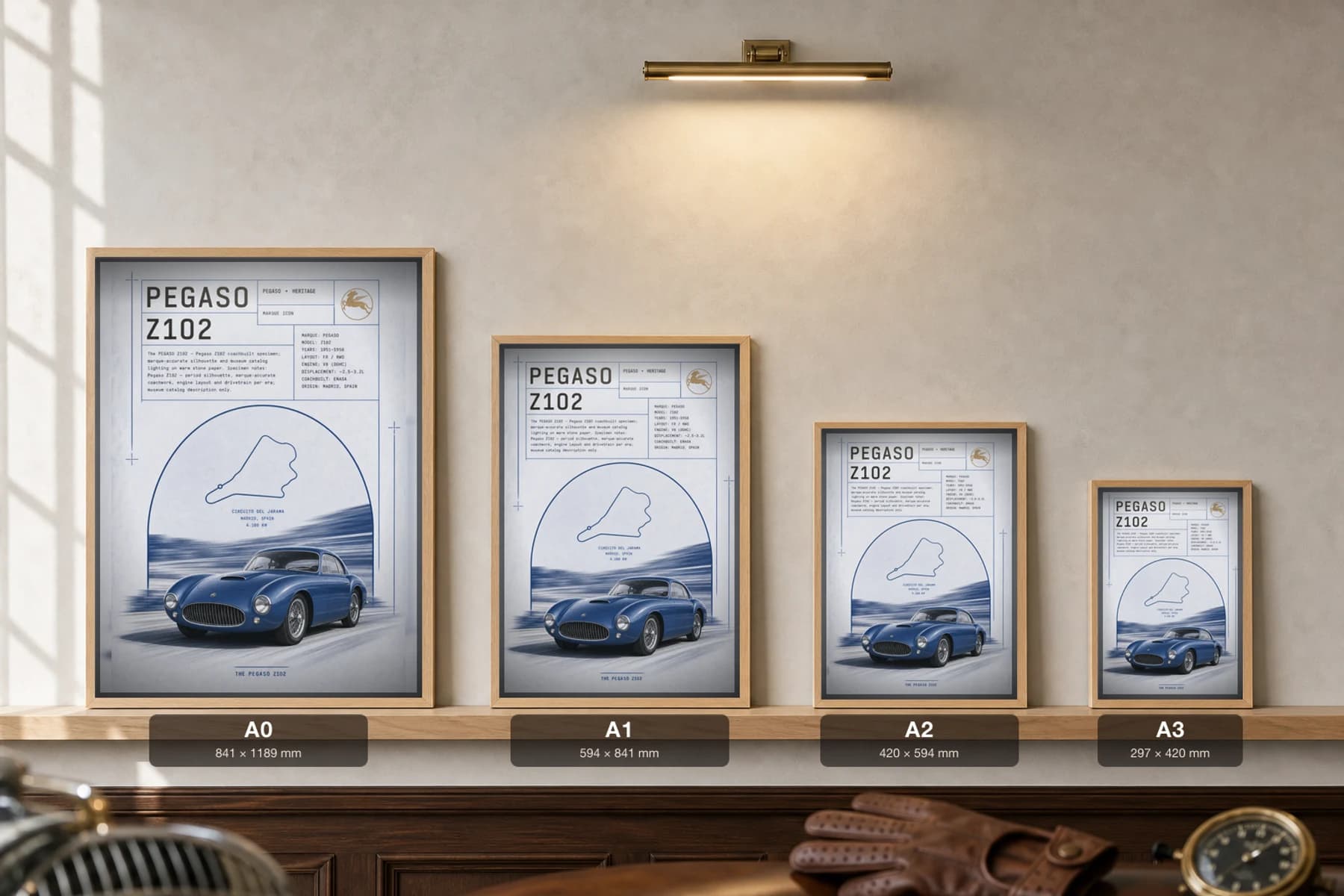 Pegaso Z-102 Poster — 1951 Spanish supercar wall art · framed A2 · collector decor — print size guide showing the artwork at A0, A1, A2 and A3 in natural-oak frames at true relative scale